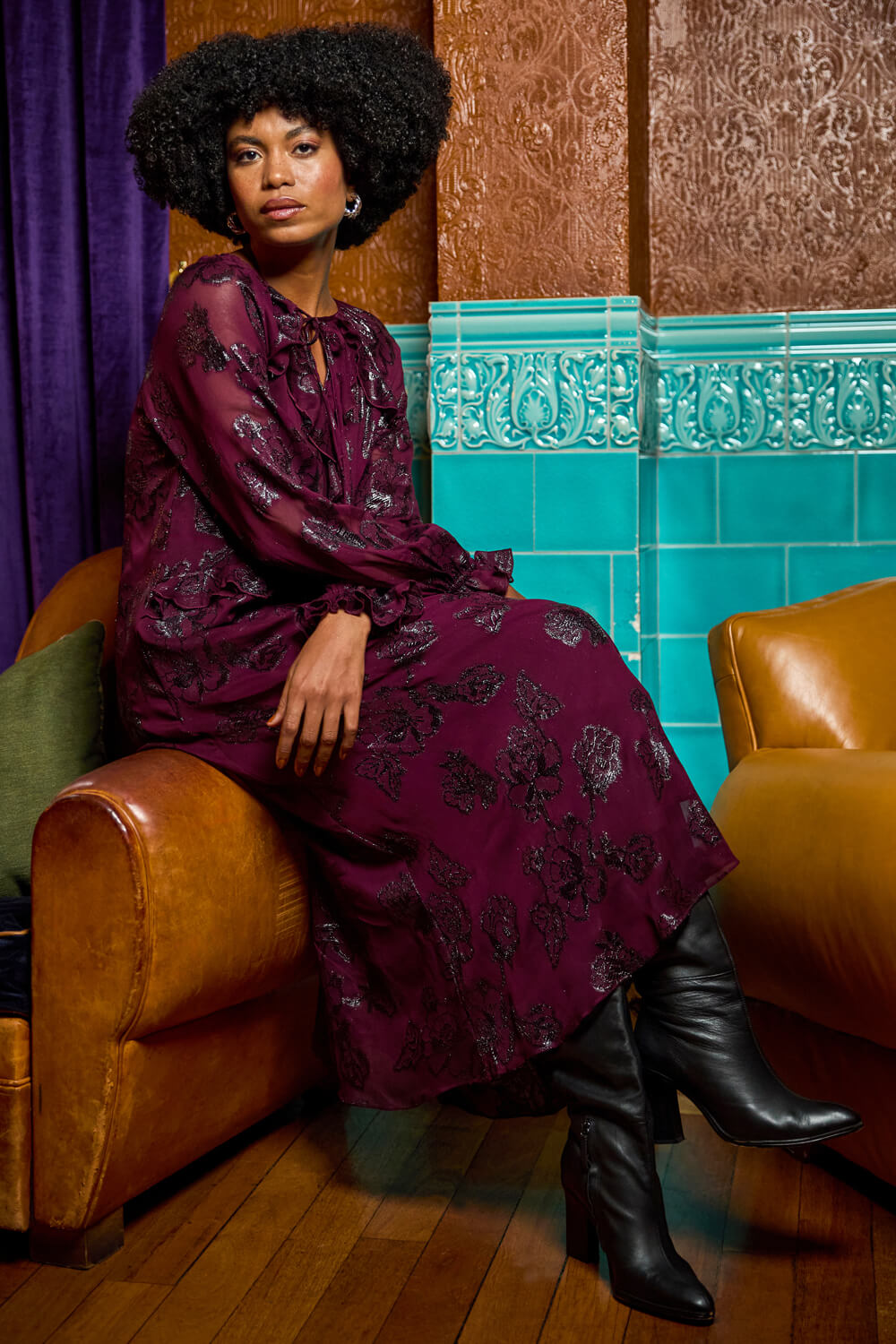 Wine Floral Brocade Frill Midi Dress, Image 7 of 6