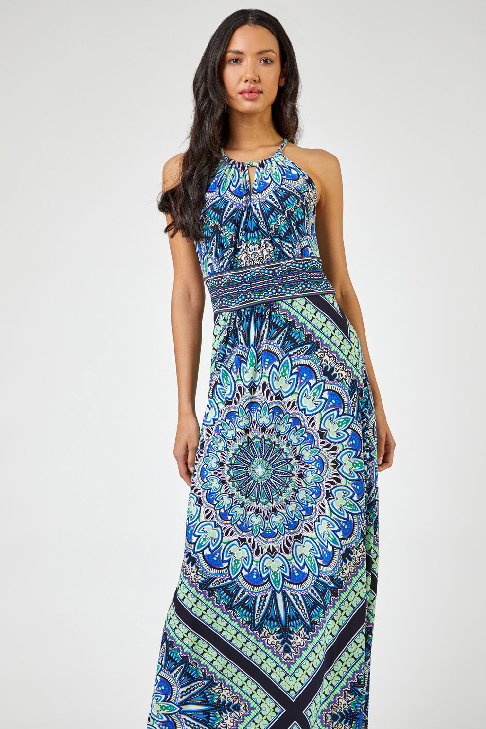 Blue Boho Print Halterneck Maxi Dress, Image 4 of 5