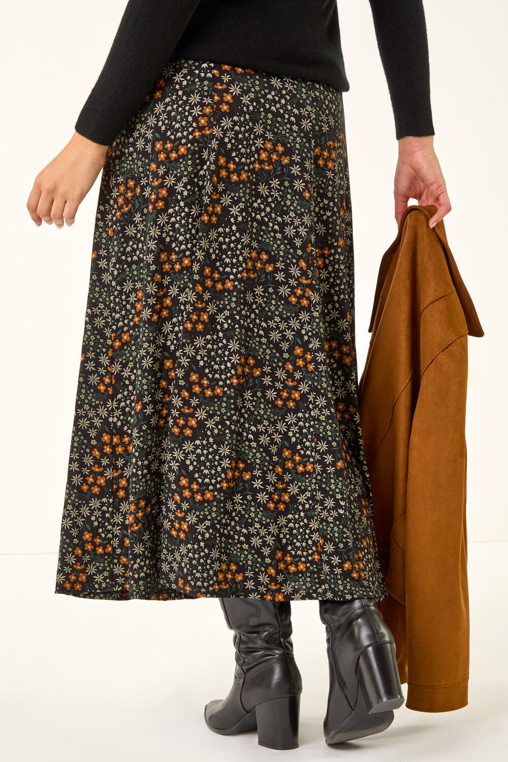 Orange Ditsy Floral Print Stretch Midi Skirt, Image 5 of 5