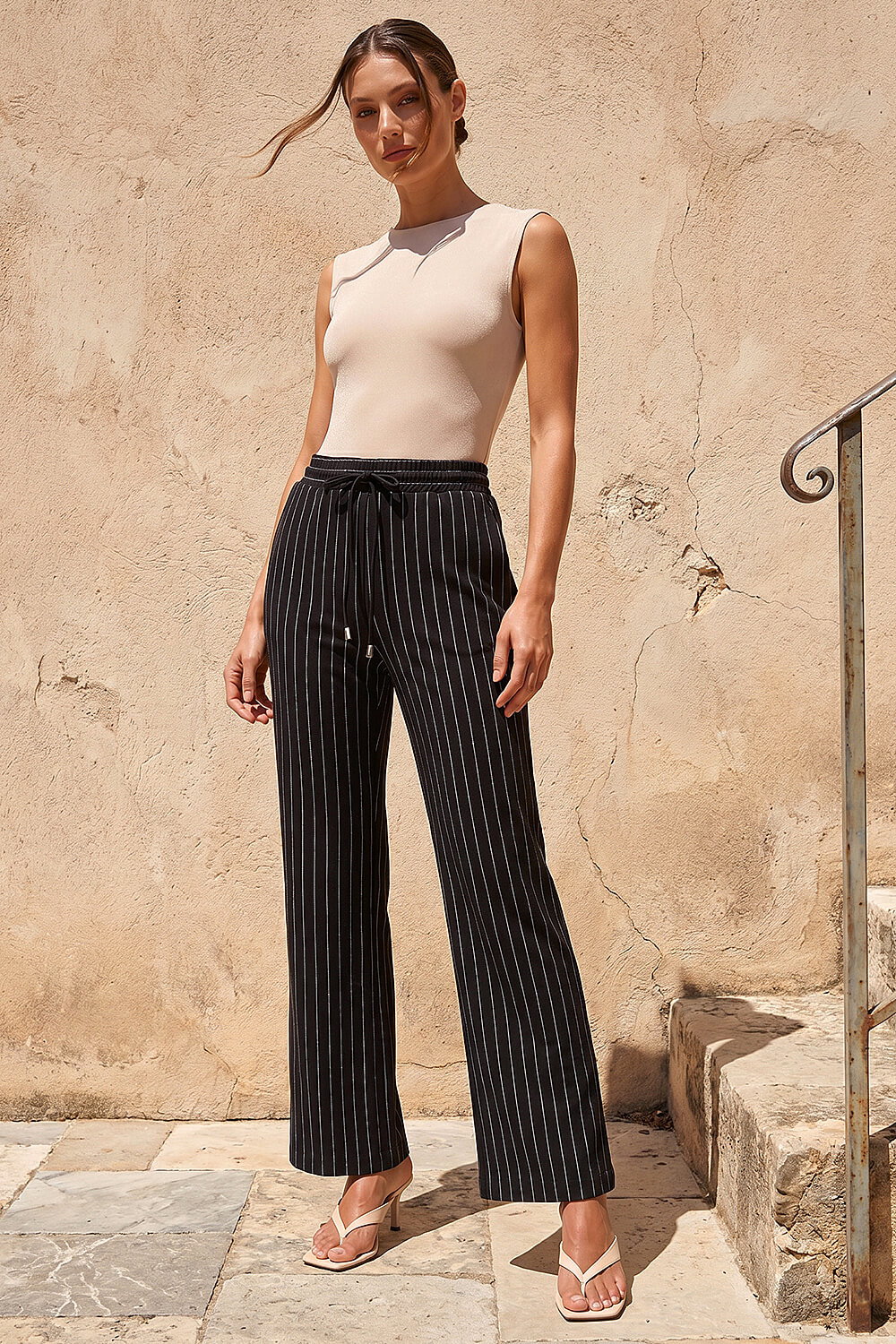 Roman Petite Women's Black Stripe Wide Leg Stretch Trouser Size 10
