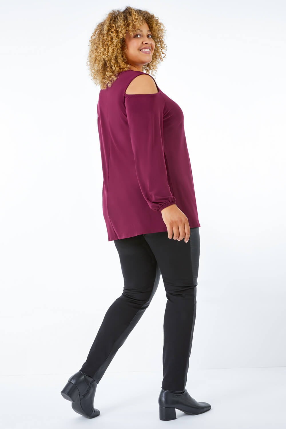 Wine Curve Cold Shoulder Stretch Top, Image 4 of 5