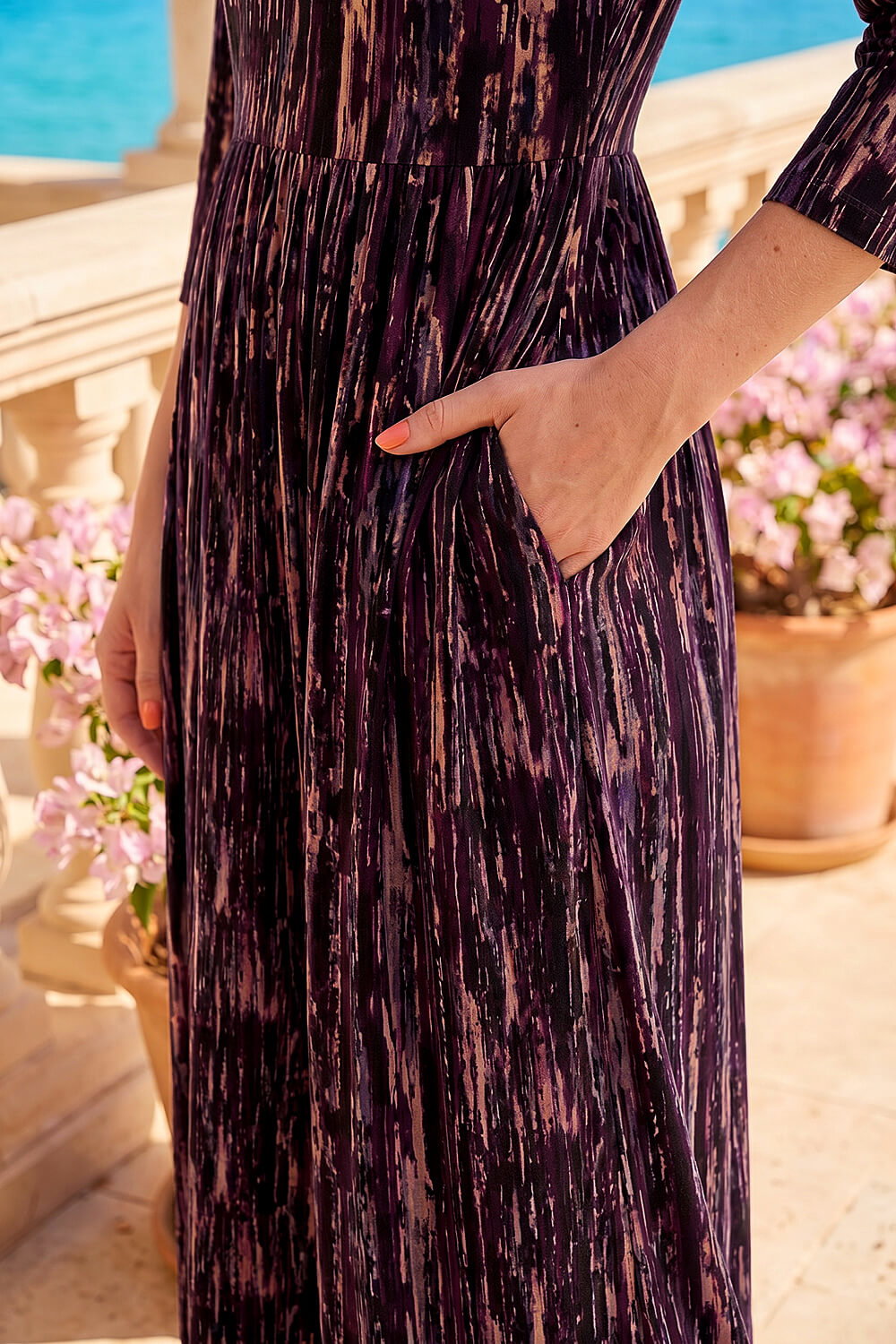 Plum Abstract Print Stretch Midi Dress, Image 5 of 4