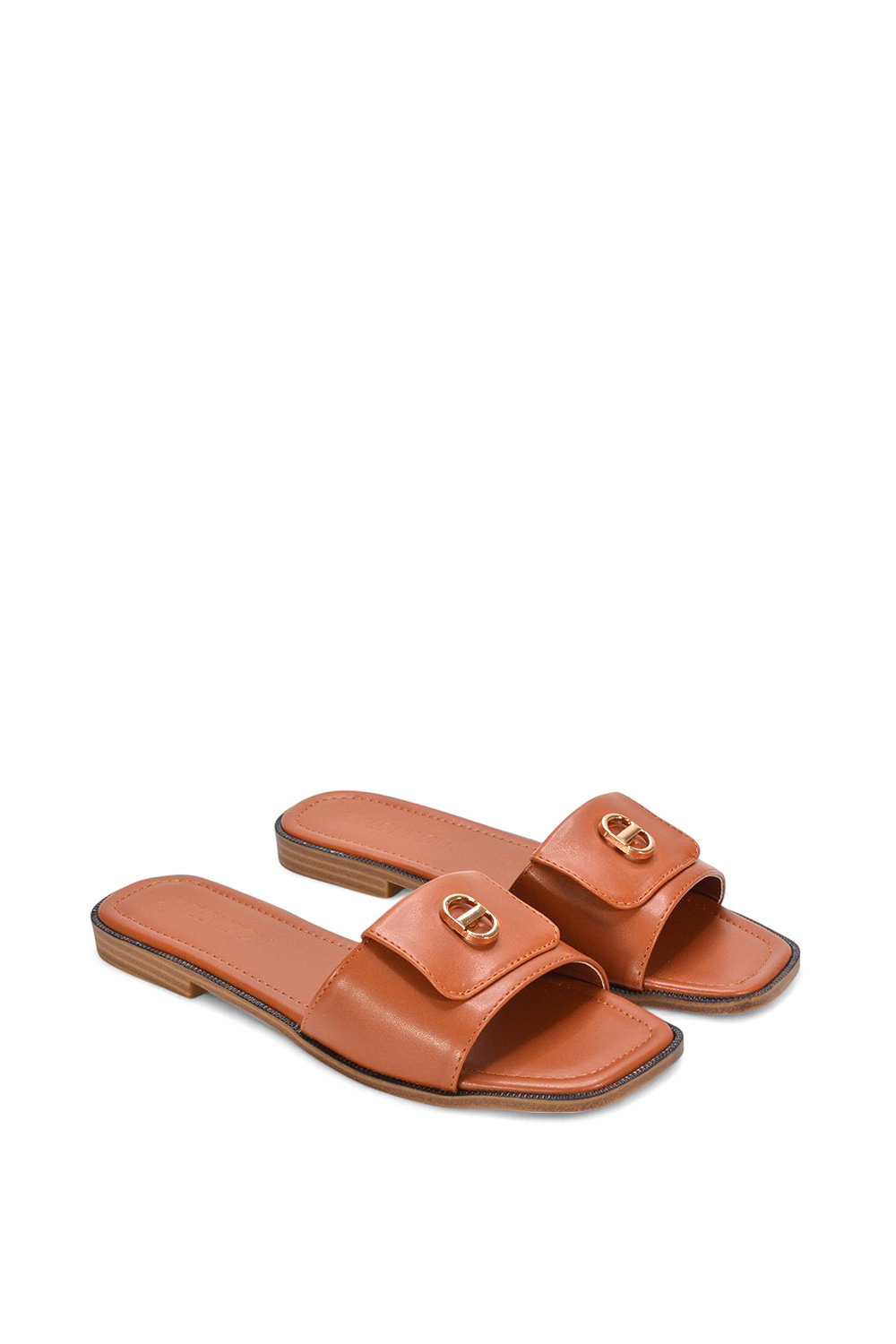 Tan 'Leigh' Open Toe Foldover Buckle Slip On Flat Slider Mules, Image 4 of 5