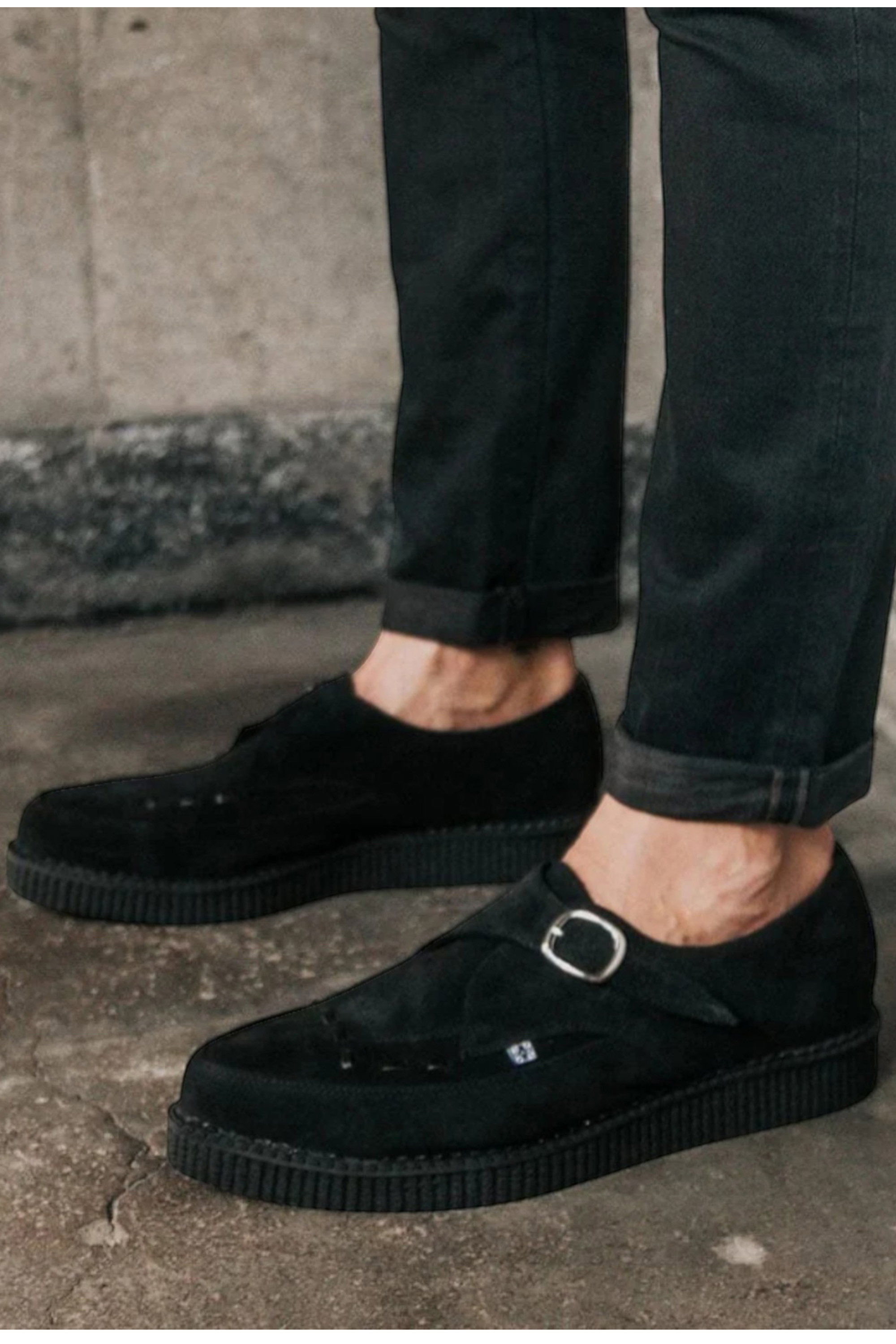 Black TUK Footwear Black Pointed Creeper Suede Monk Buckle Shoes, Image 6 of 8