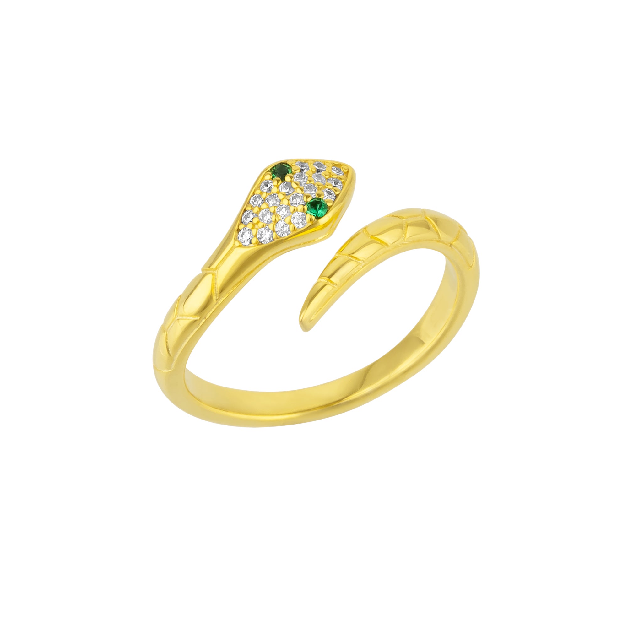 Gold Pave Snake Ring With Green Eyes in Sterling Silver, Image 1 of 1