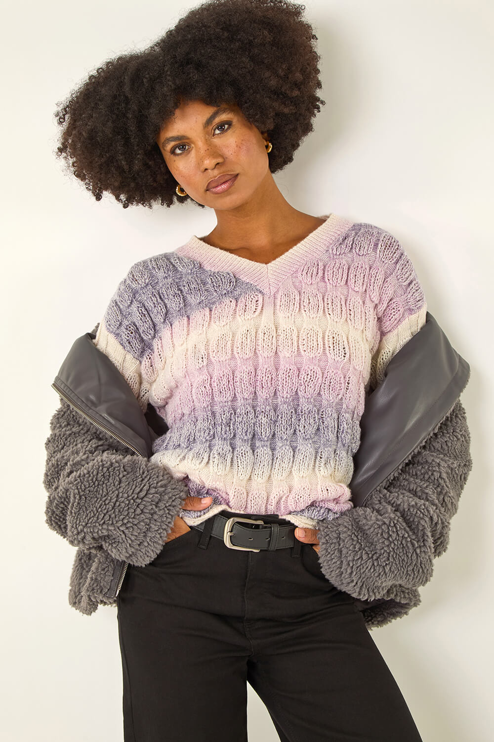 Roman Women's Lilac Ombre Textured V-Neck Knit Jumper Size 10