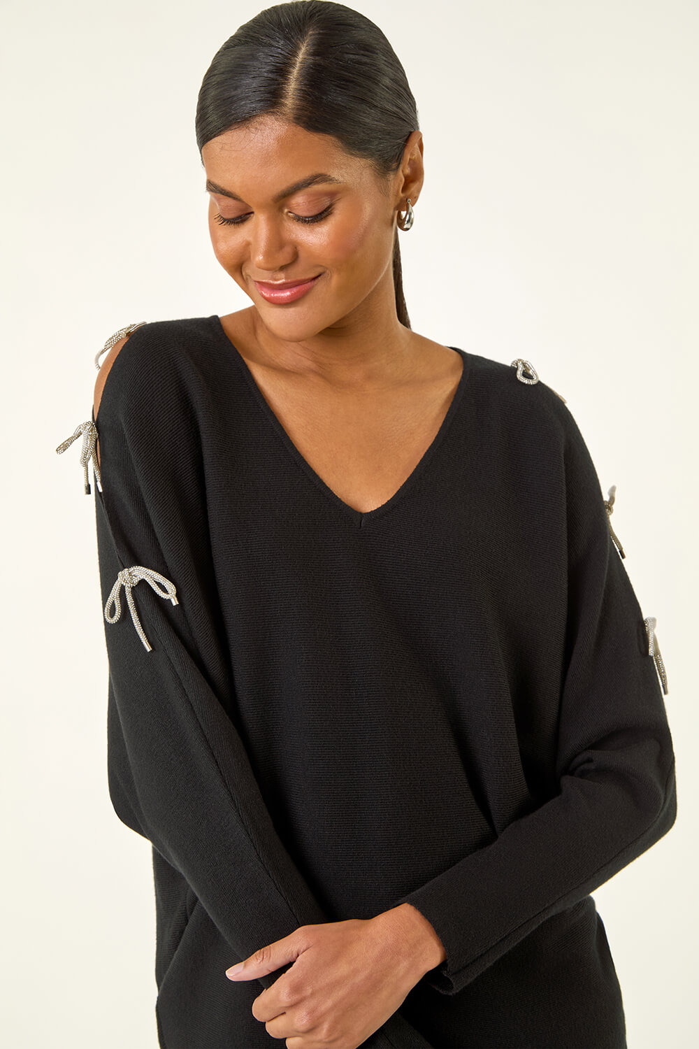 Black Bow Sleeve V-Neck Knit Jumper, Image 1 of 5
