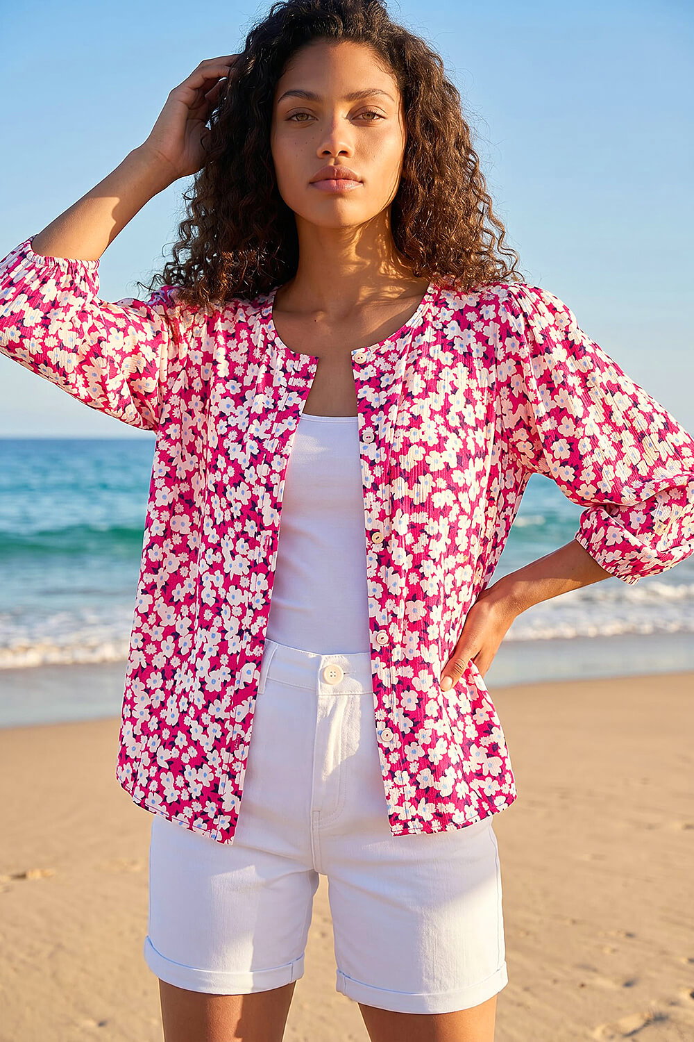 PINK Petite Ditsy Floral Button Up Blouse, Image 4 of 4