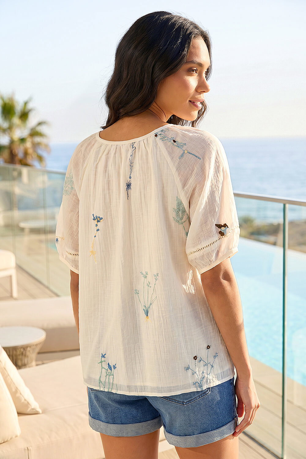 White Botanical Embroidery Keyhole Top, Image 3 of 4