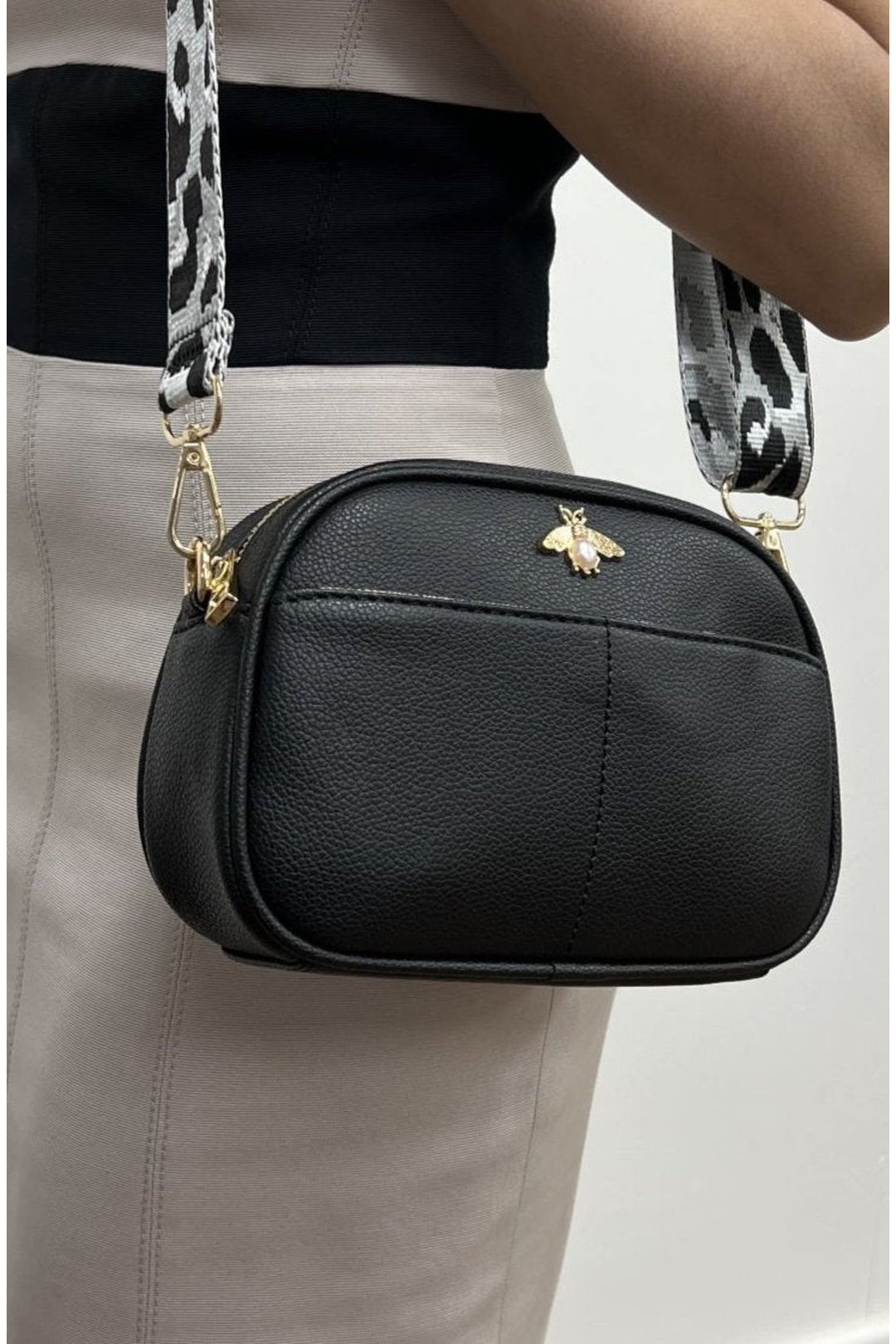 Black Bee Embellished Rounded Crossbody Bag in Black, Image 1 of 5