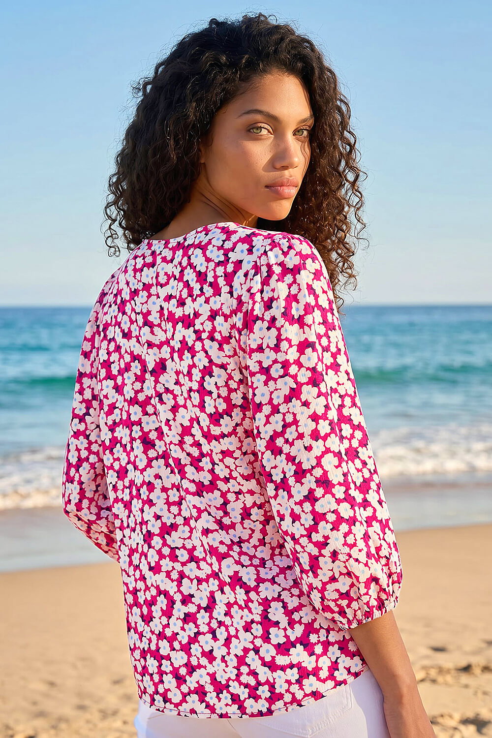 PINK Petite Ditsy Floral Button Up Blouse, Image 3 of 4