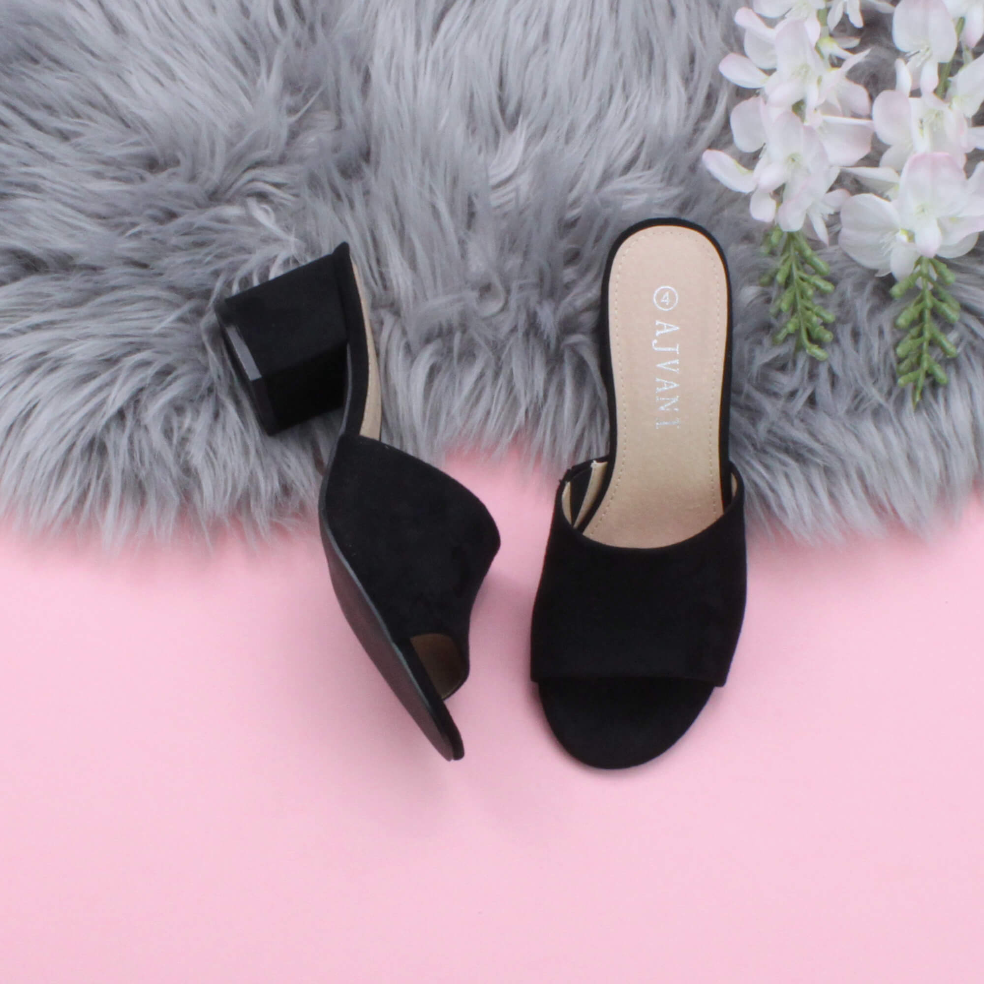 Black AJVANI Black Mid Block Heel Peep Toe Mules Sandals, Image 4 of 6