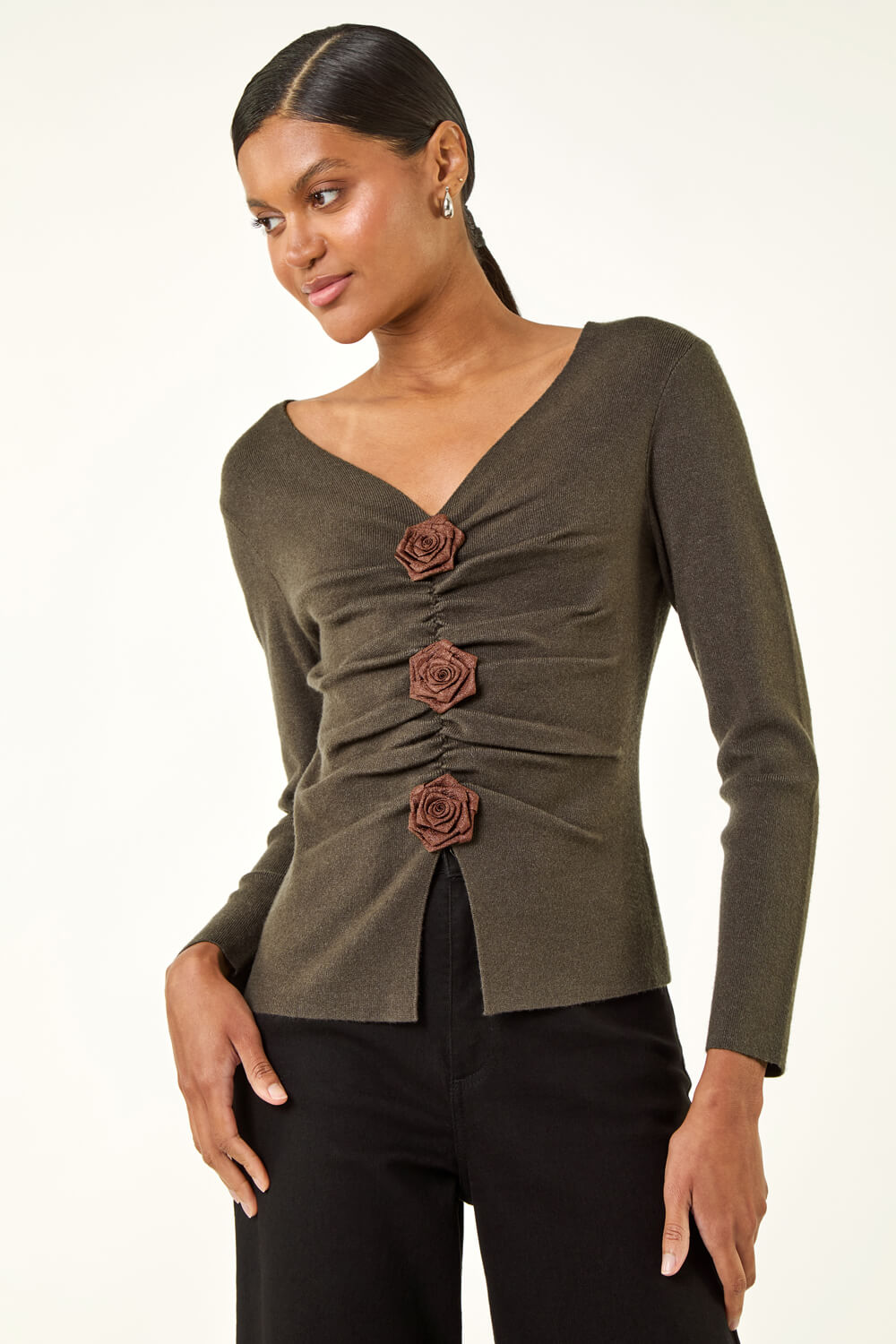Khaki Rose Front Knit Top, Image 5 of 5