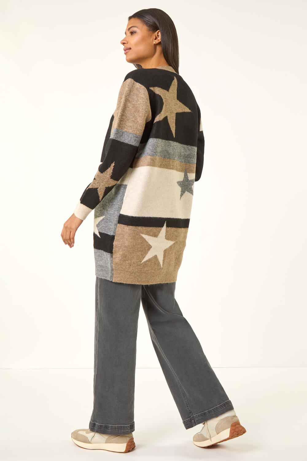 Natural Star Print Longline Stretch Cardigan | Roman UK