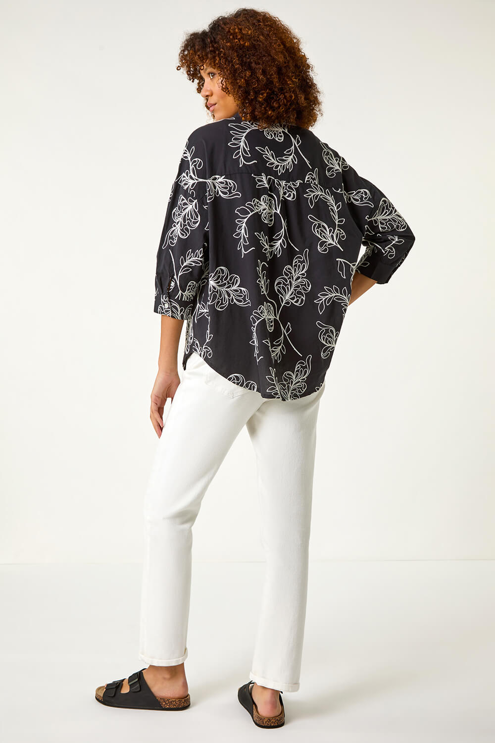 Black Embroidered Floral Cotton Shirt, Image 5 of 7