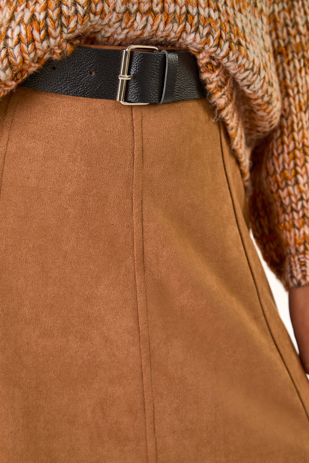 Rust Belted Faux Suede Midi Skirt, Image 6 of 5