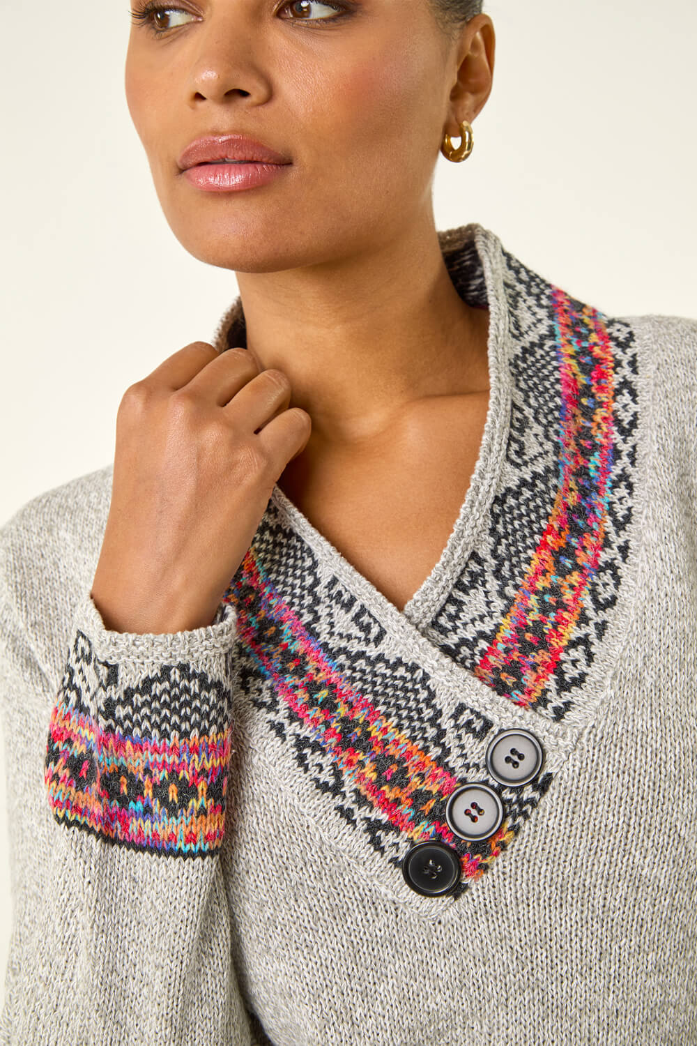 Grey Nordic Print Button Detail V-Neck Jumper, Image 6 of 5