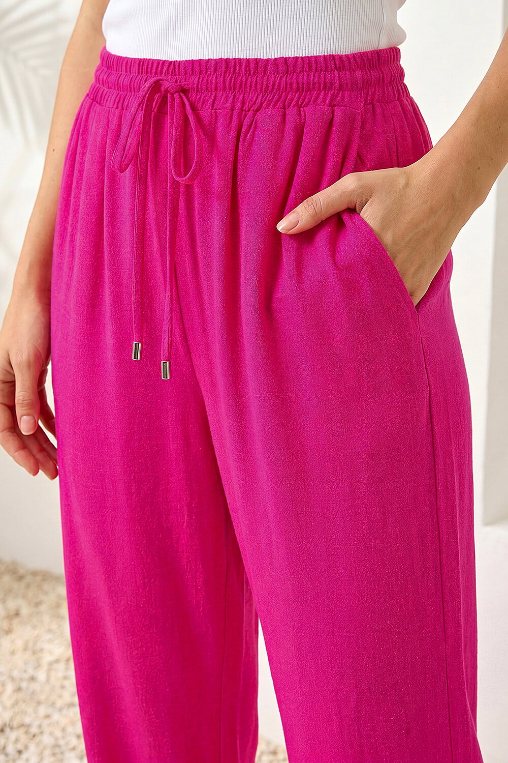 Pink Elastic Tie Waist Linen Blend Trouser, Image 5 of 4