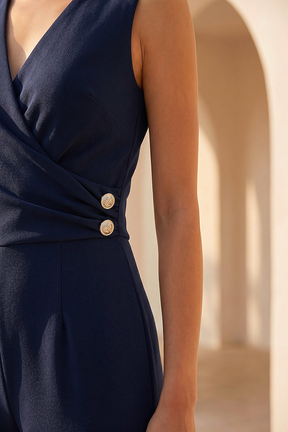 Navy Petite V-Neck Full Length Jumpsuit, Image 5 of 4