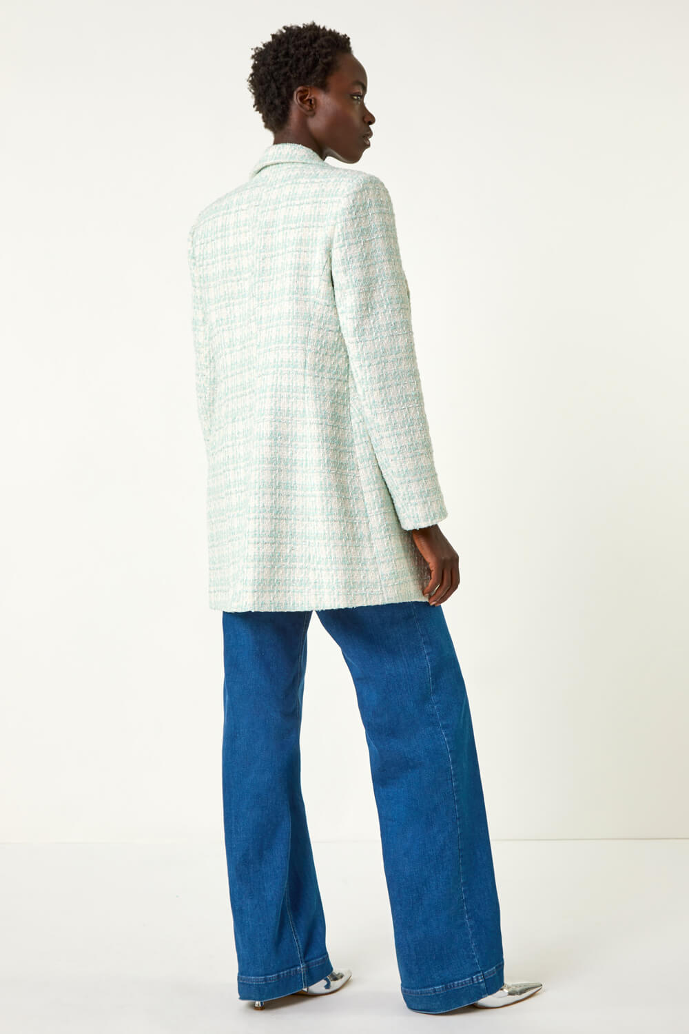 Aqua Longline Checkered Boucle Jacket, Image 4 of 5