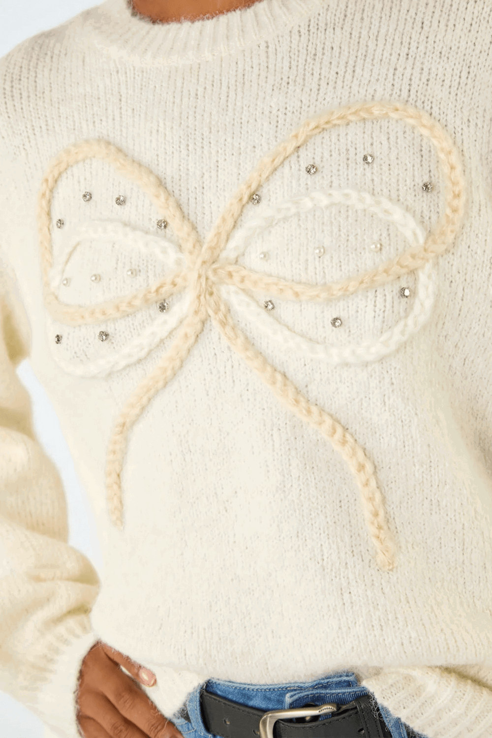 Ivory Faux Pearl Bow Knit Crew Jumper, Image 6 of 5