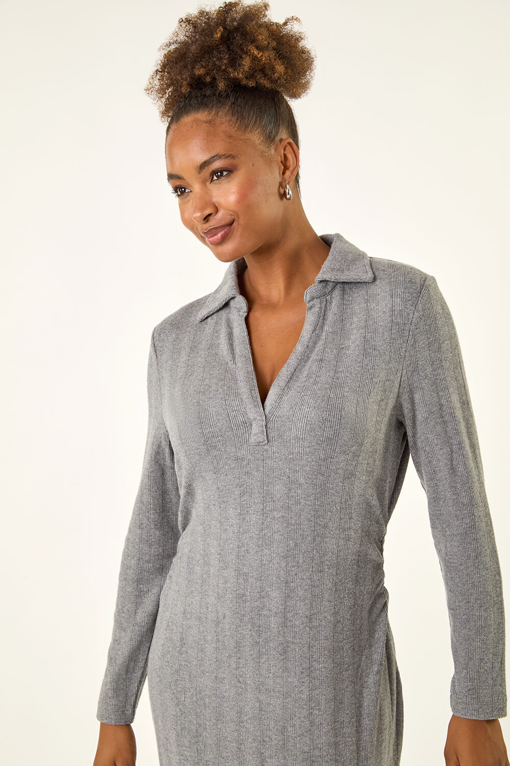Grey Collar Ribbed Knit Midi Dress, Image 6 of 7