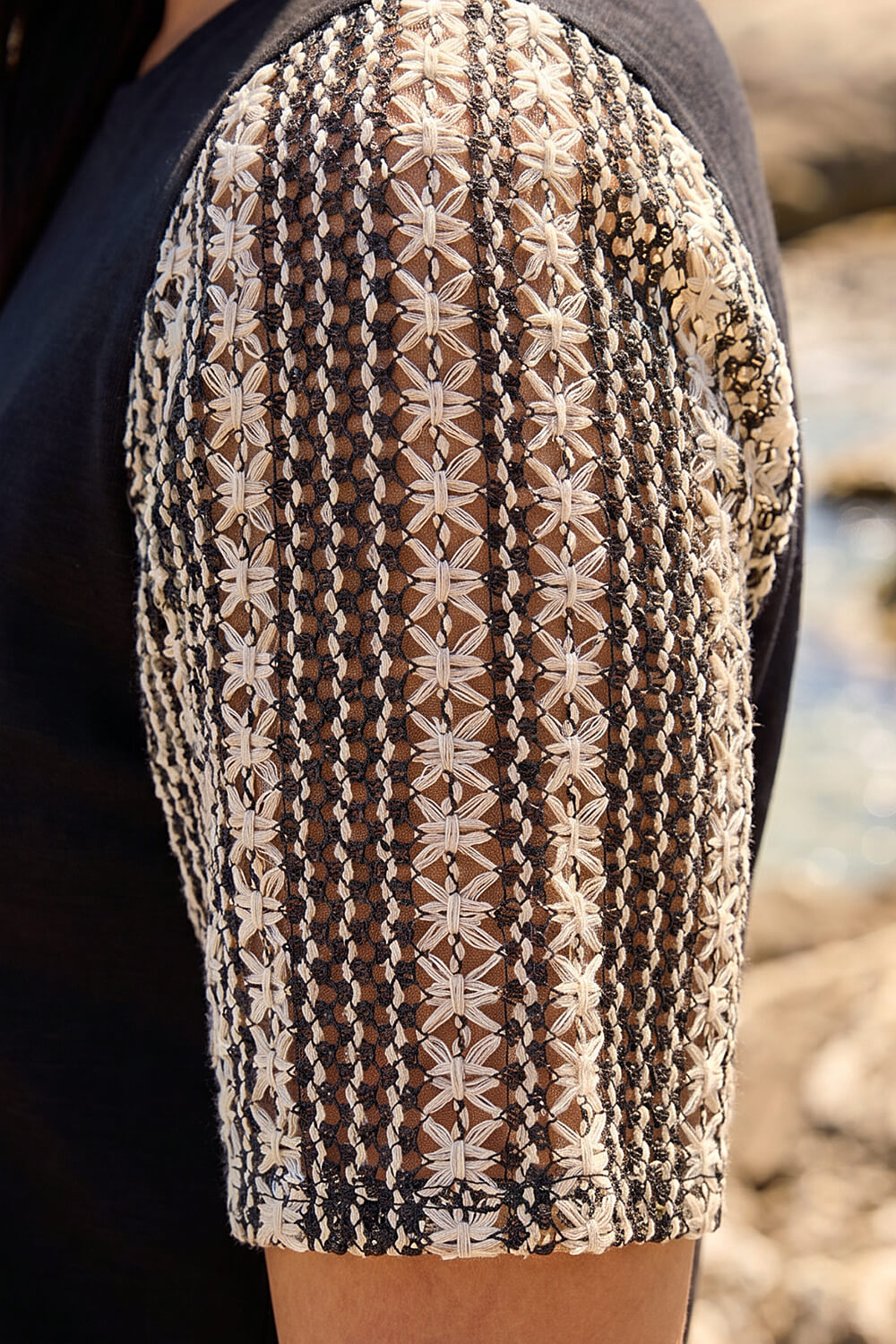 Black Dusk Contrast Crochet Sleeve Top, Image 5 of 4