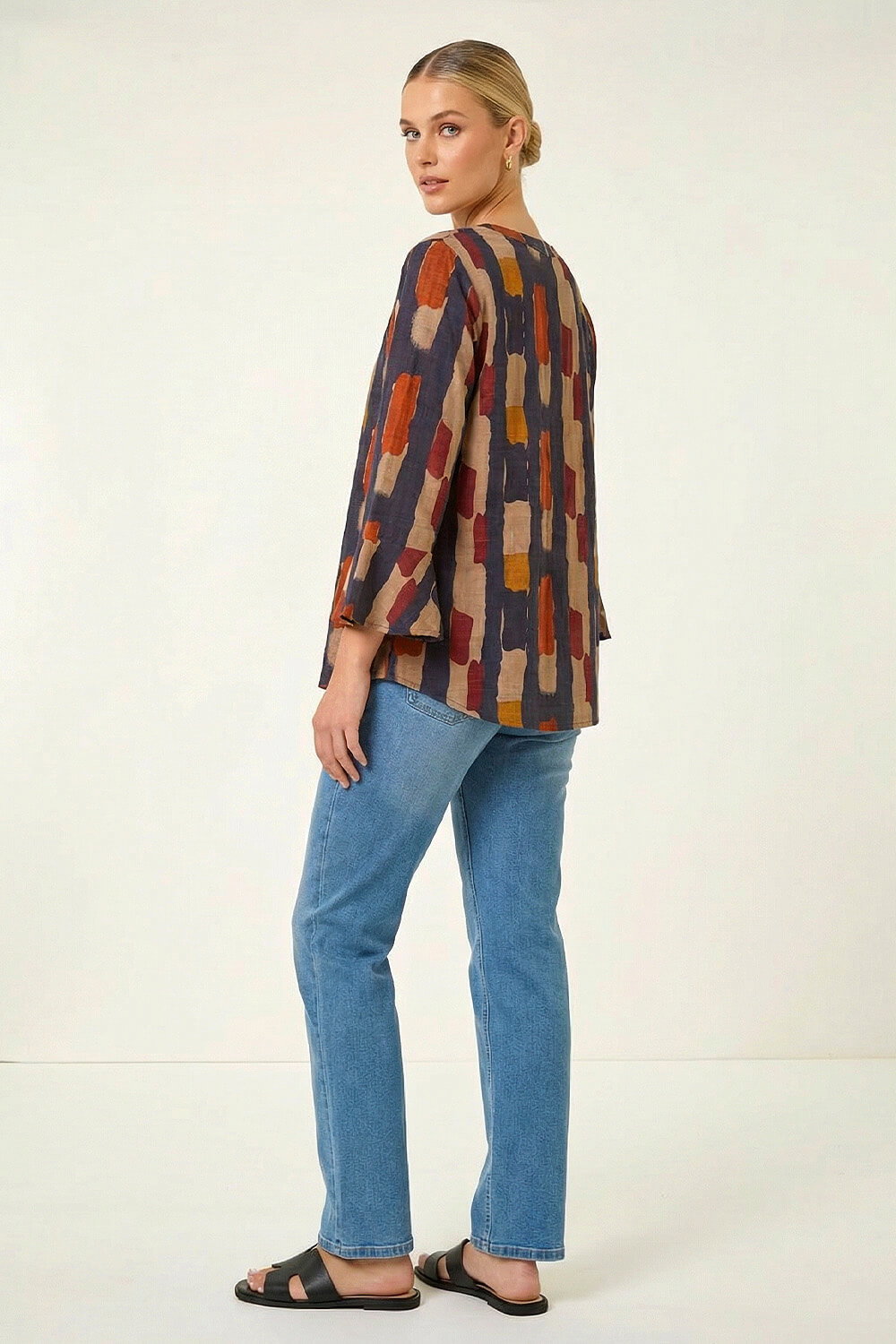 Navy  Abstract Print Buttoned Blouse, Image 5 of 4