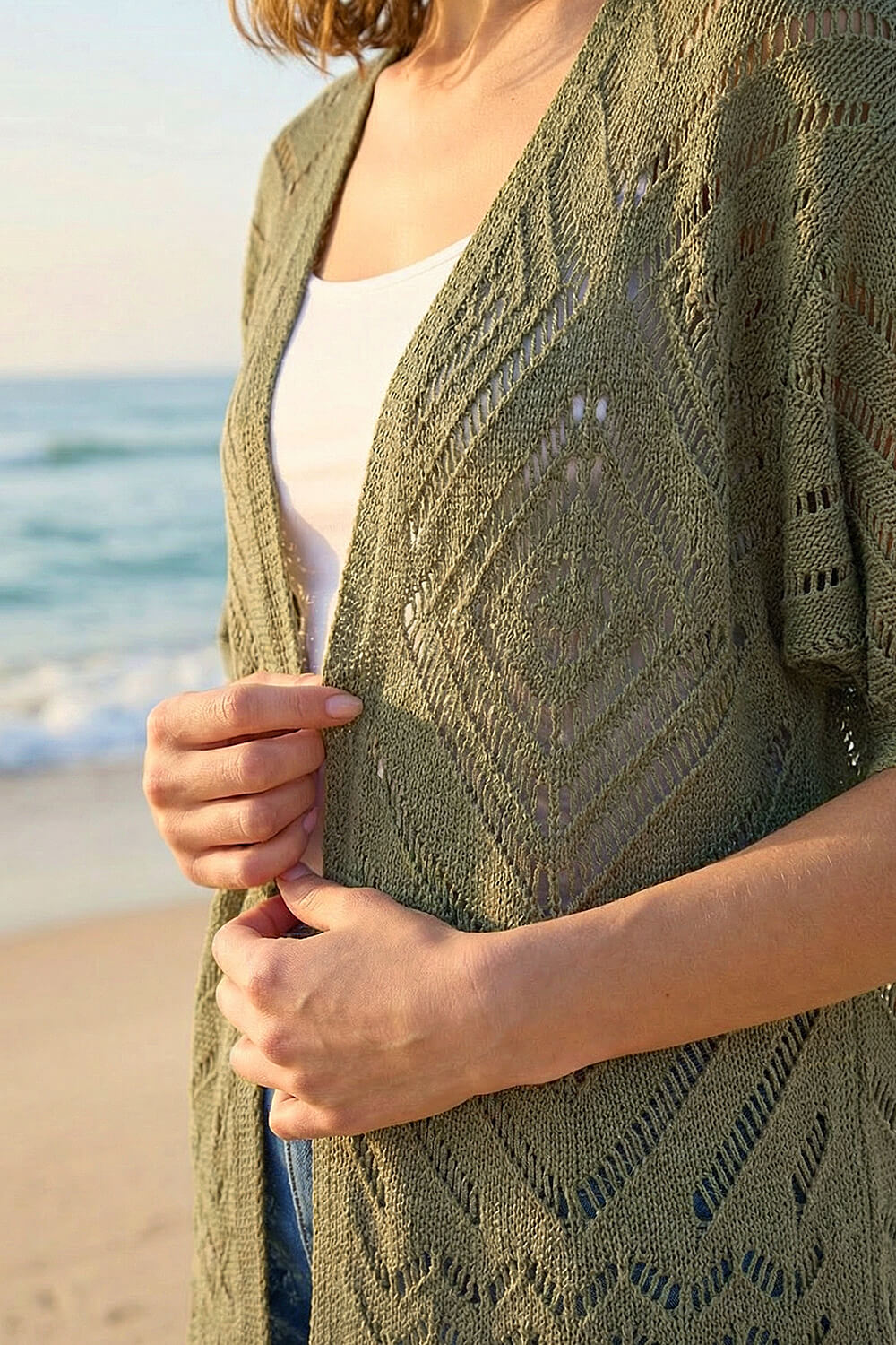 Khaki Petite Pointelle Knit Cardigan, Image 5 of 4