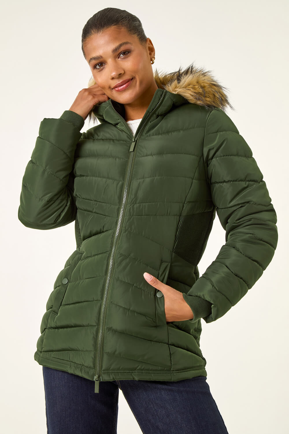 Lucy Khaki Padded Faux Fur Hooded Coat main image 1