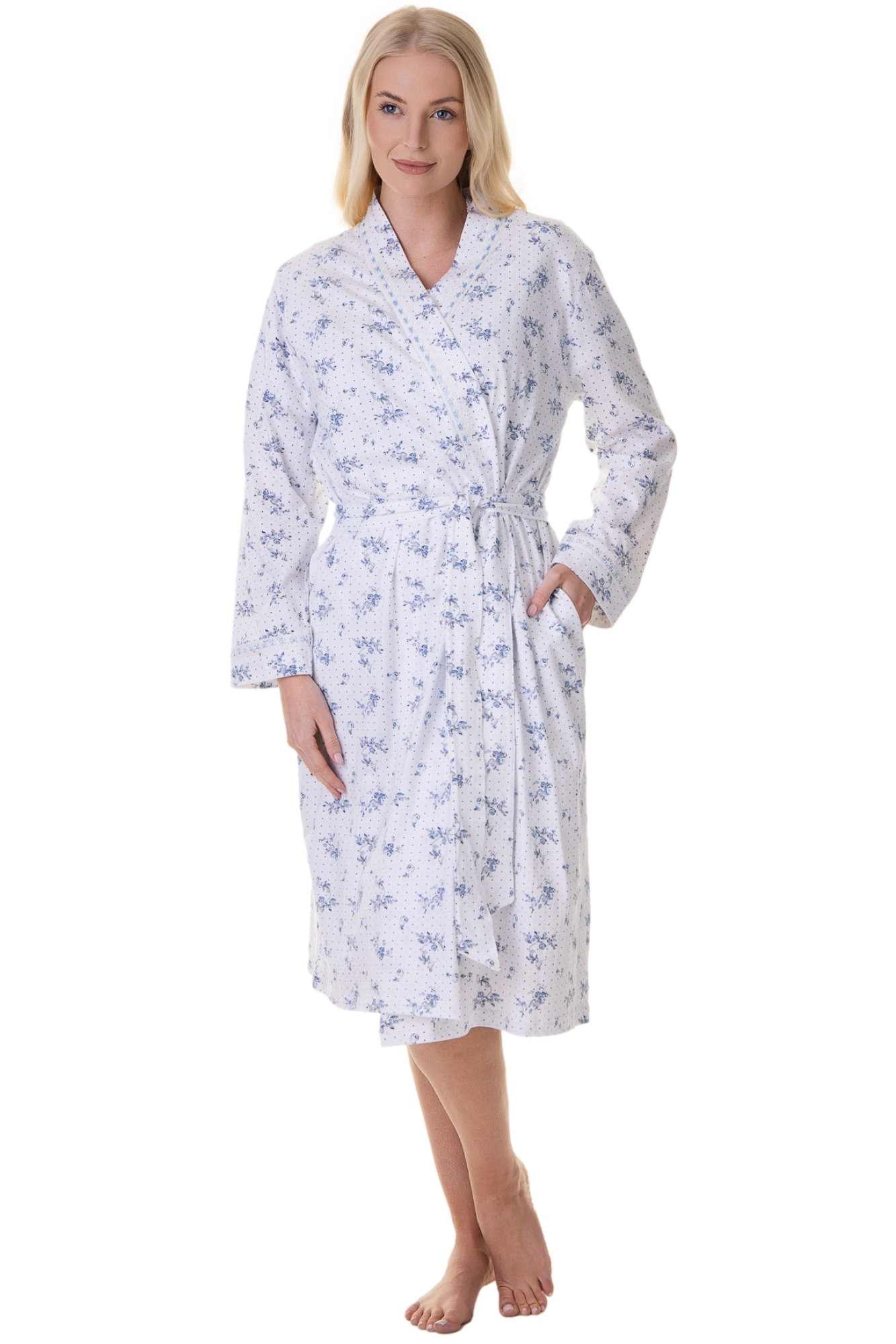 Navy Camille Lingerie Navy 100% Cotton Lightweight Porcelain Floral Wrap, Image 2 of 7