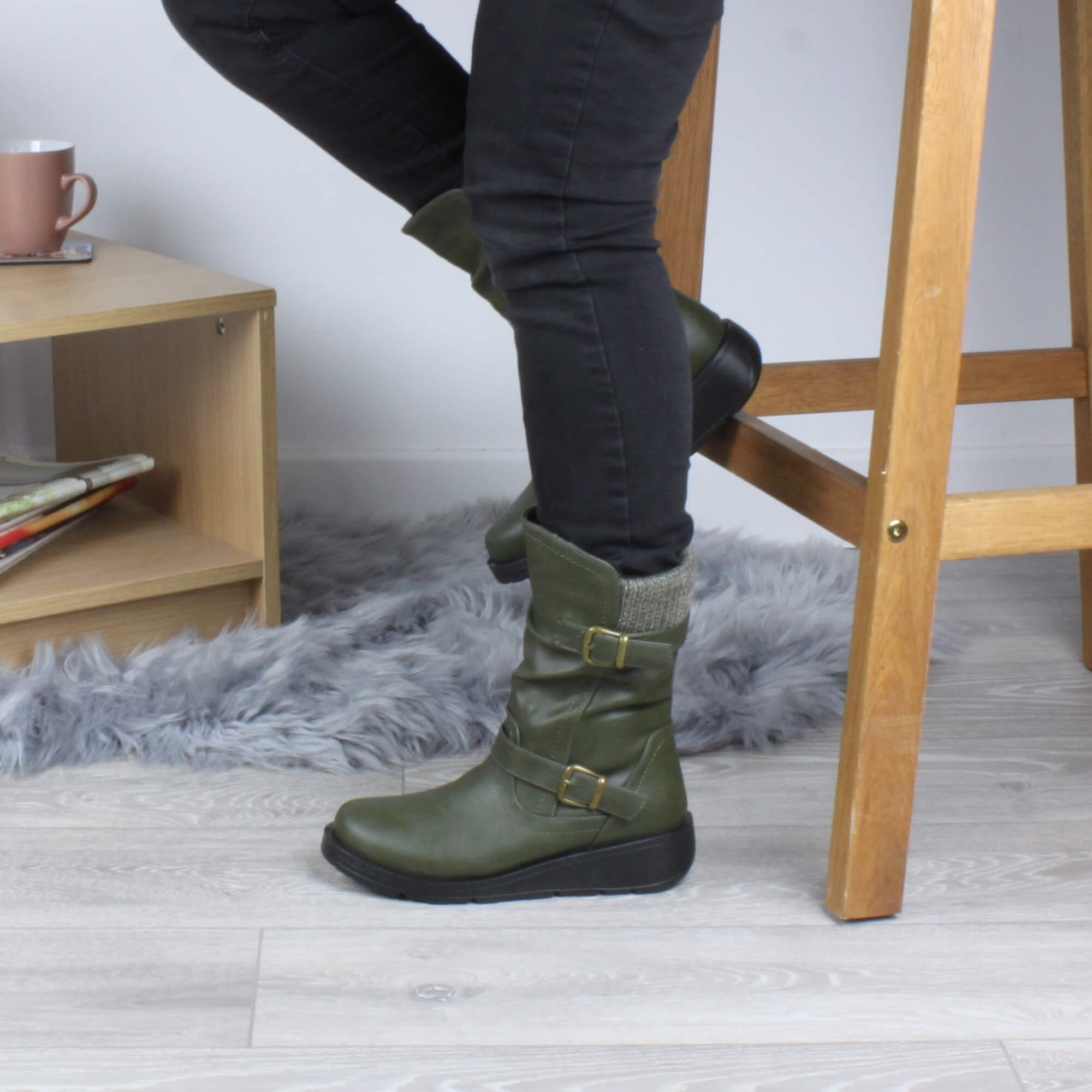 Khaki Low Wedge Heel Comfort Calf Biker Boots, Image 5 of 6
