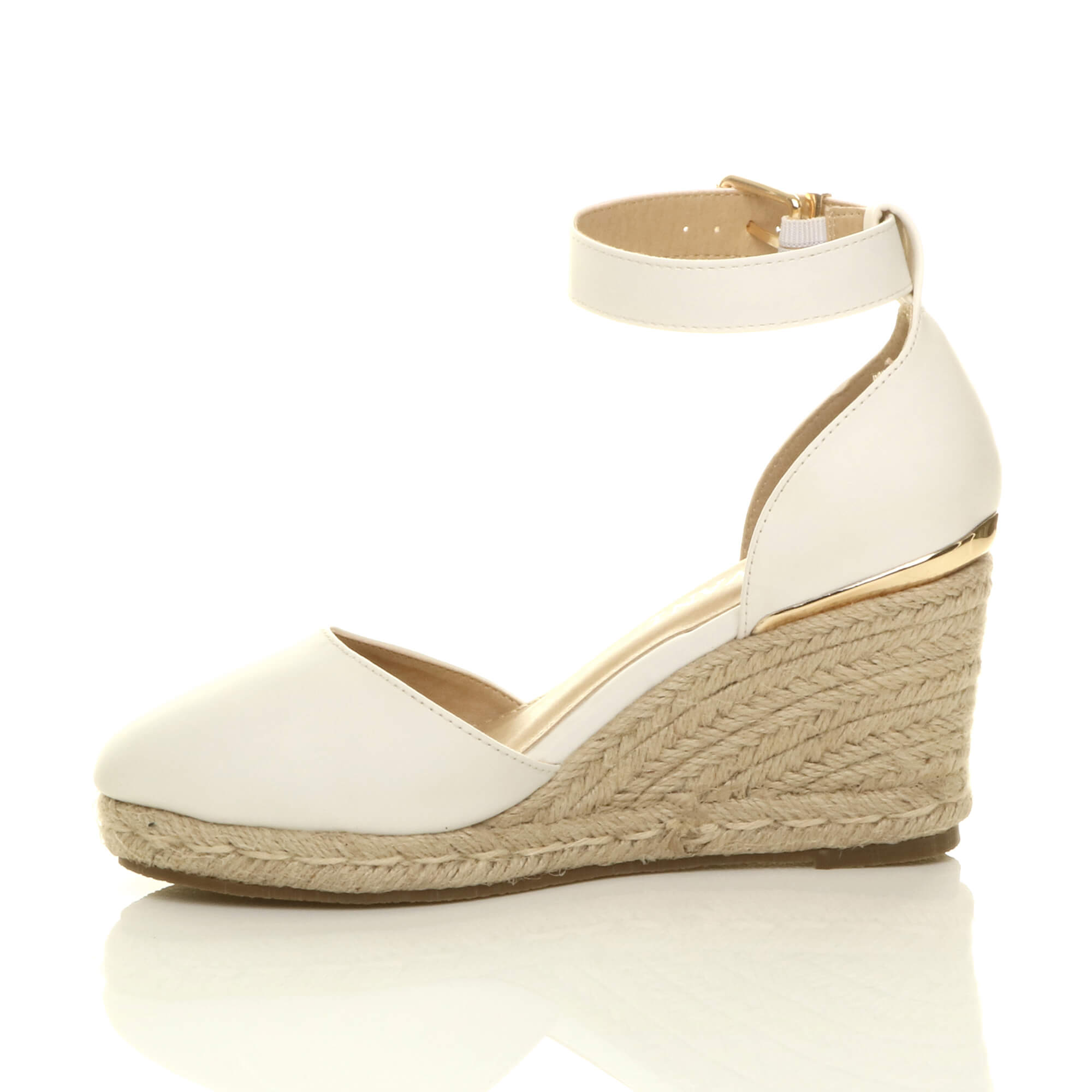 White AJVANI White Mid Wedge Heel Ankle Strap Espadrille Sandals, Image 3 of 6
