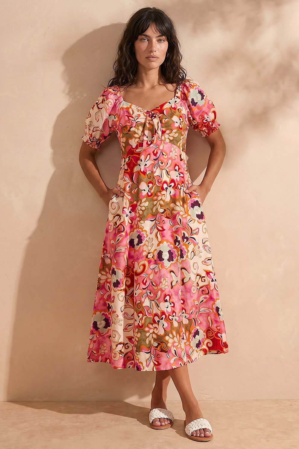 Pink Floral Print Tie Front Midi Dress, Image 1 of 4