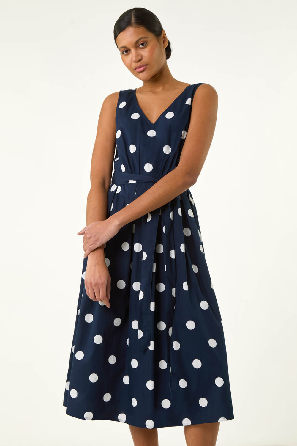 Navy Polka Dot Belted Midi Dress, Image 3 of 5