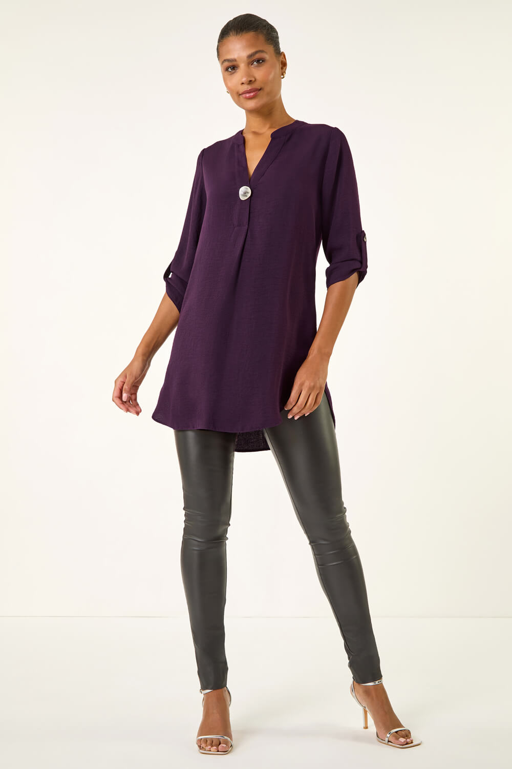 Purple Longline Buttoned Notch Neck Top, Image 3 of 5