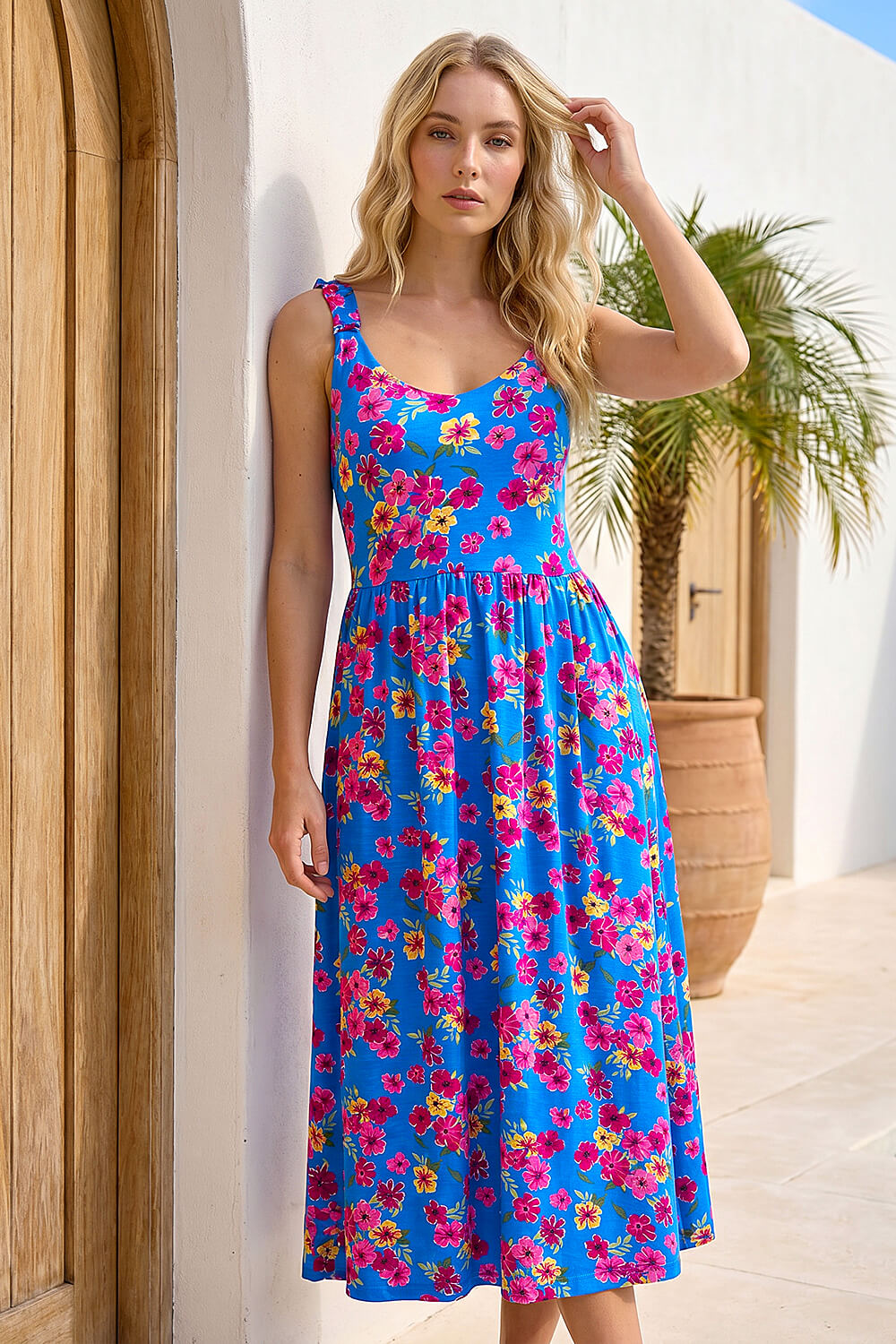 Blue Floral Shirred Strap Midi Dress, Image 1 of 4