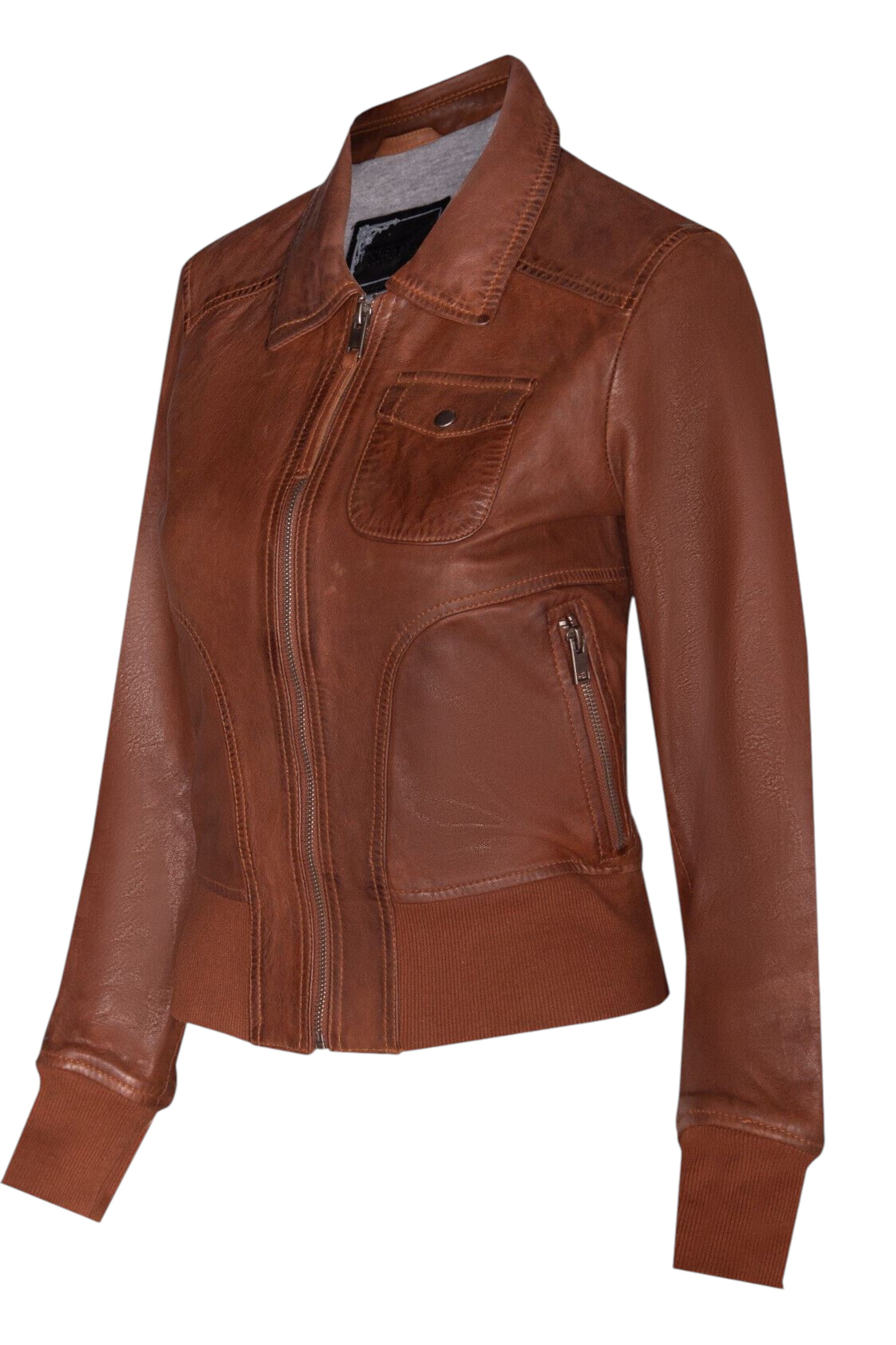 Tan Womens Varsity Bomber Jacket-Modbury, Image 3 of 4