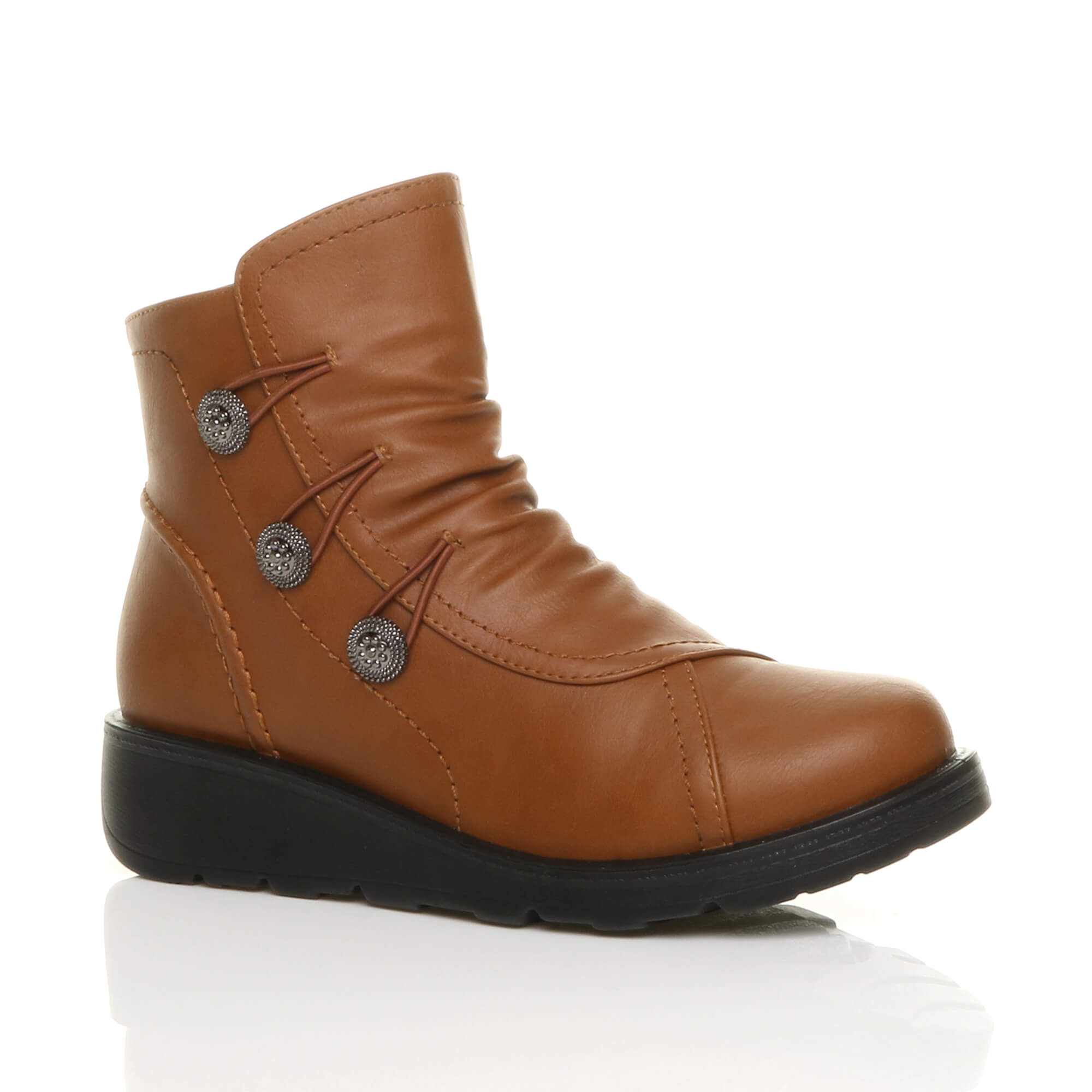 Black Low Wedge Comfort Button Ankle Boots