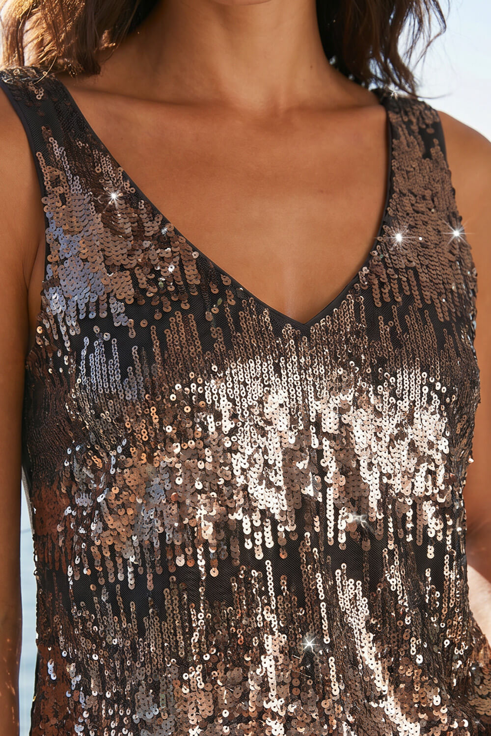 Taupe Sequin V-Neck Vest Top, Image 5 of 4