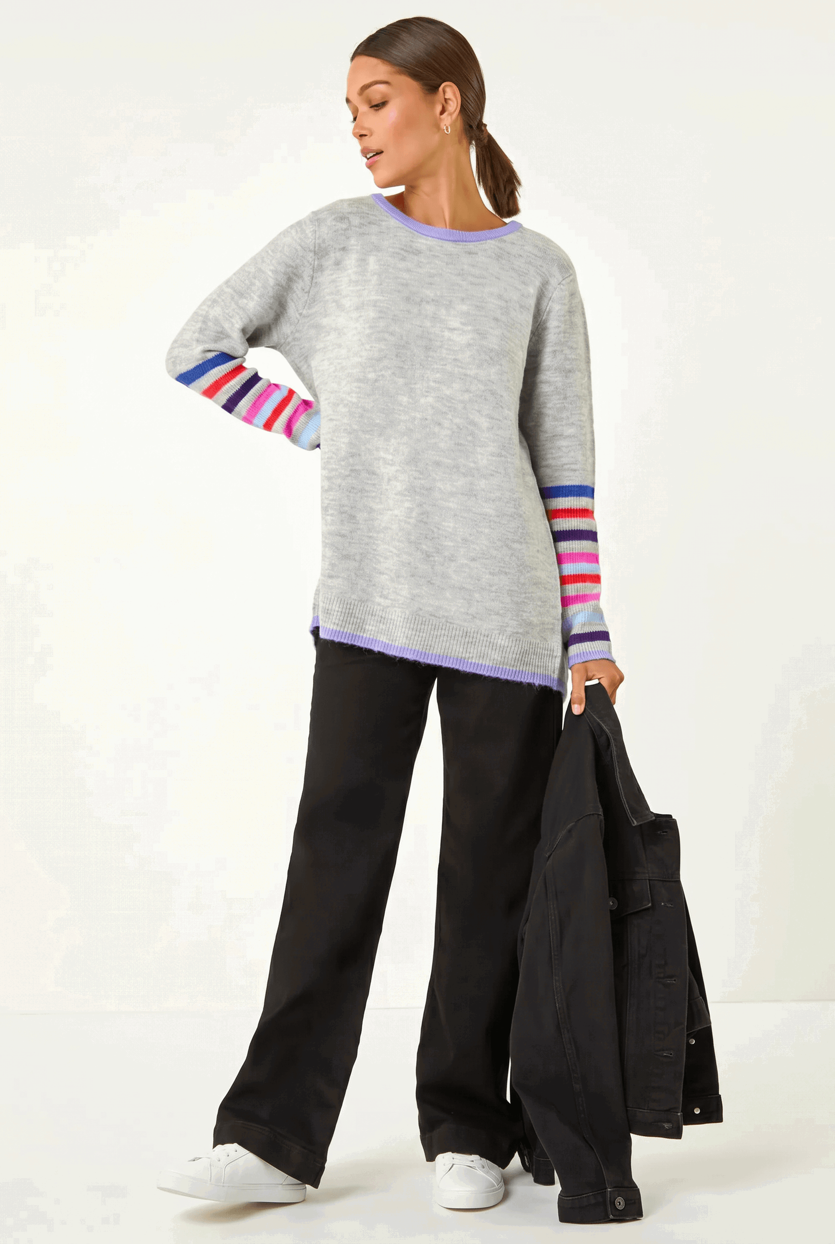 Light Grey Contrast Stripe Detail Knit Jumper, Image 1 of 5