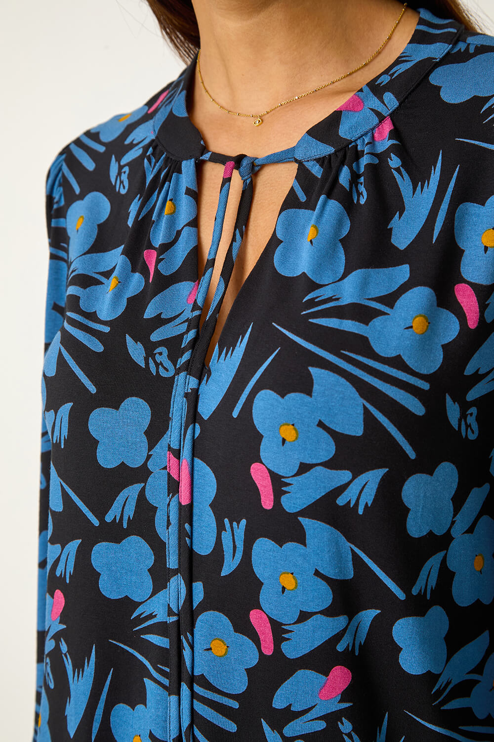 Black Print Tie Neck Stretch Top, Image 6 of 5