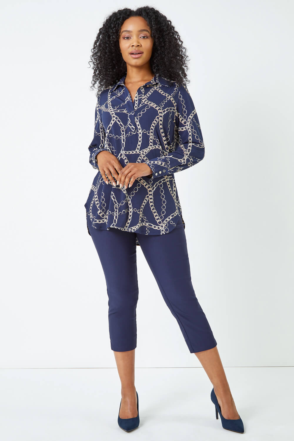 Navy Petite Chain Print Blouse, Image 3 of 5