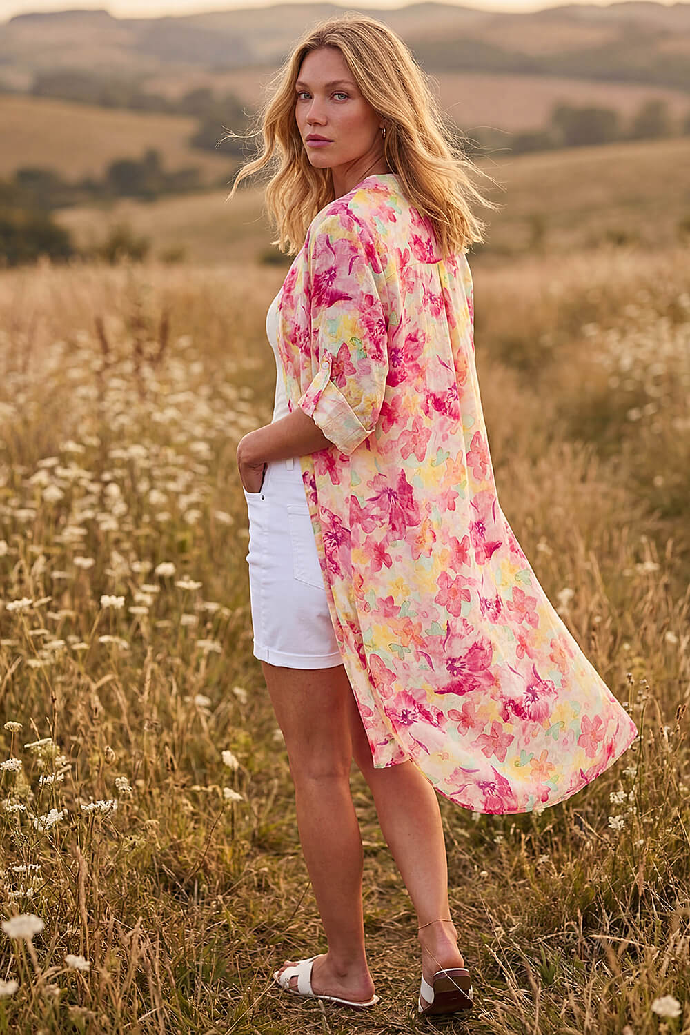 Pink Floral Print Longline Blouse, Image 4 of 4