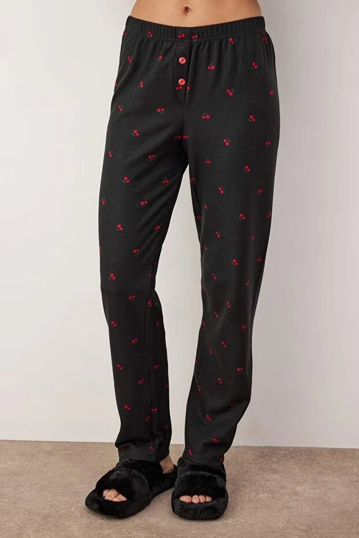 Black WOVCOR Black Cherry Embroidered Zip Neck Long Sleeve Waffle Knit Pyjama Set, Image 2 of 3