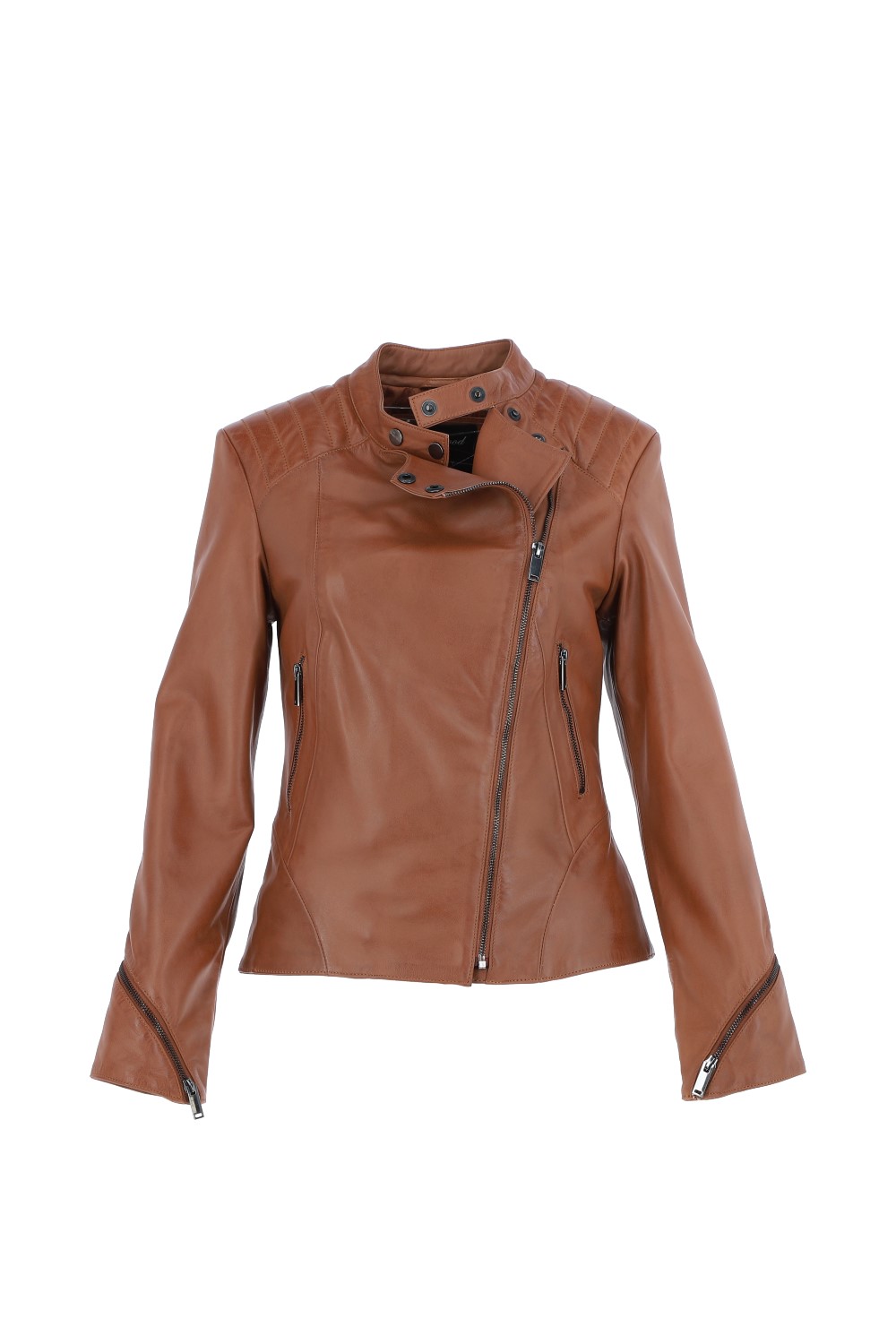 Tan Veg Tanned Biker Jacket With Double Button Mandarin Collar, Image 2 of 4