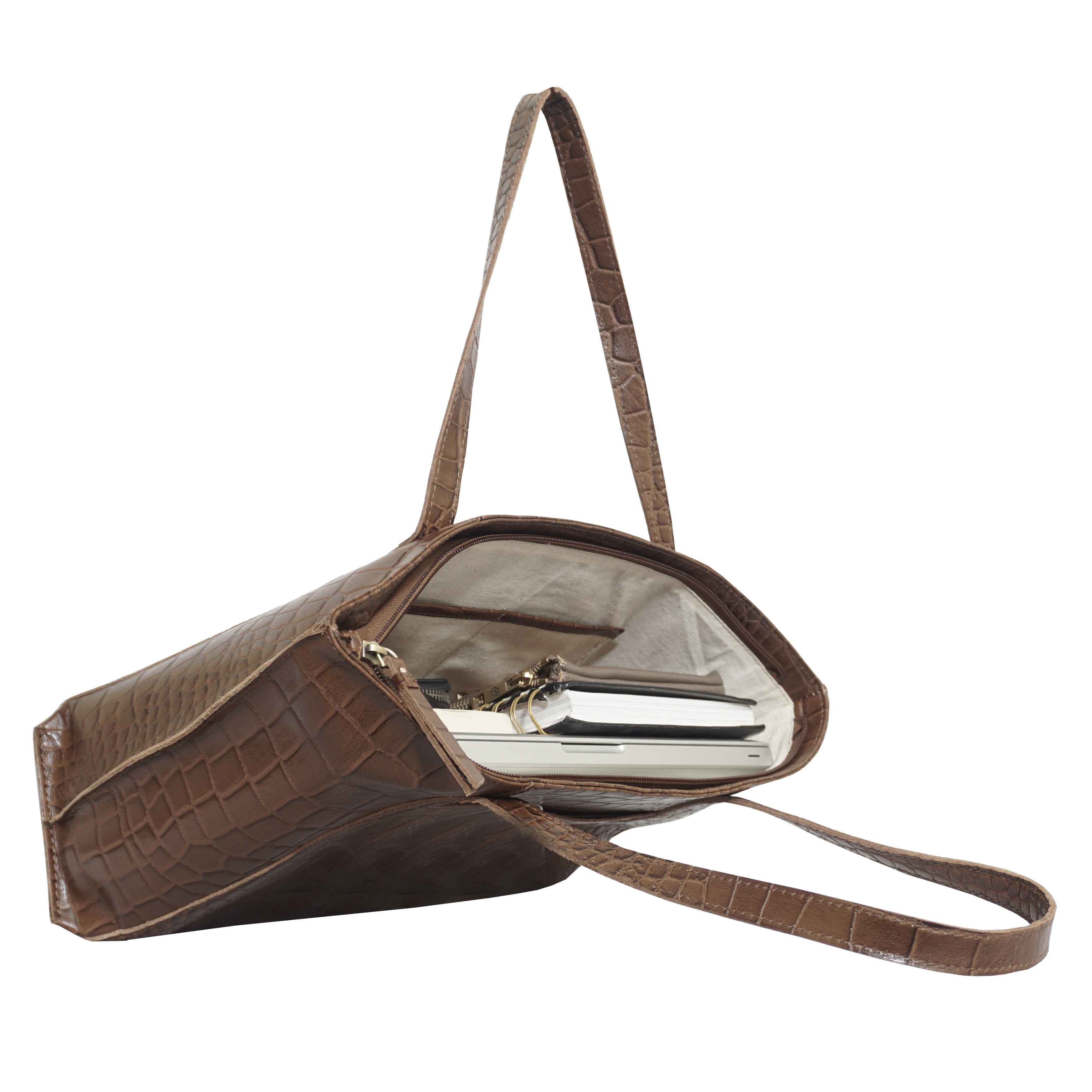 Tan 'AGNES' Croc Embossed Real Leather Designer Tote Bag, Image 5 of 6