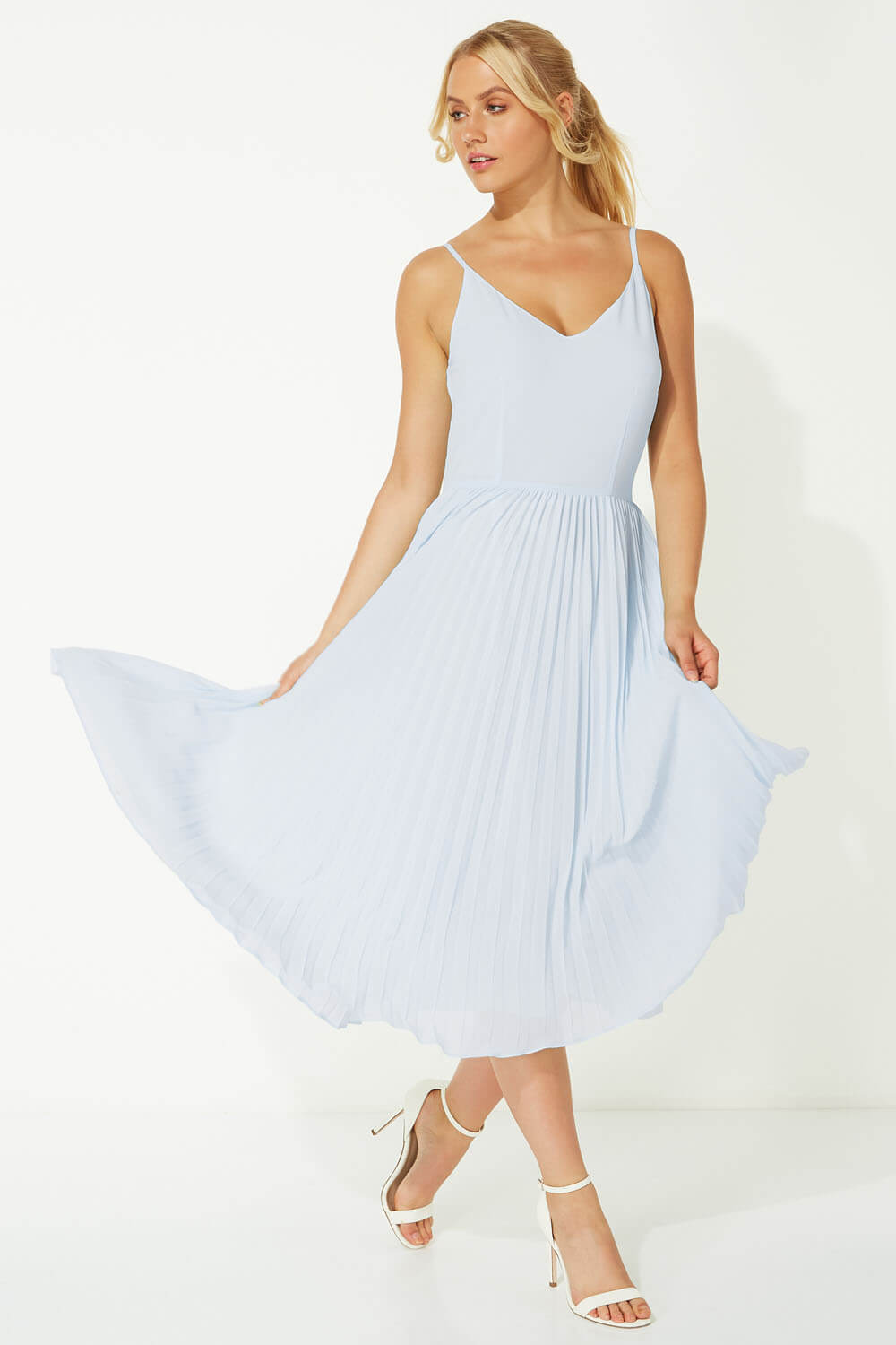 Light Blue  Lace Top Overlay Pleated Midi Dress, Image 5 of 5