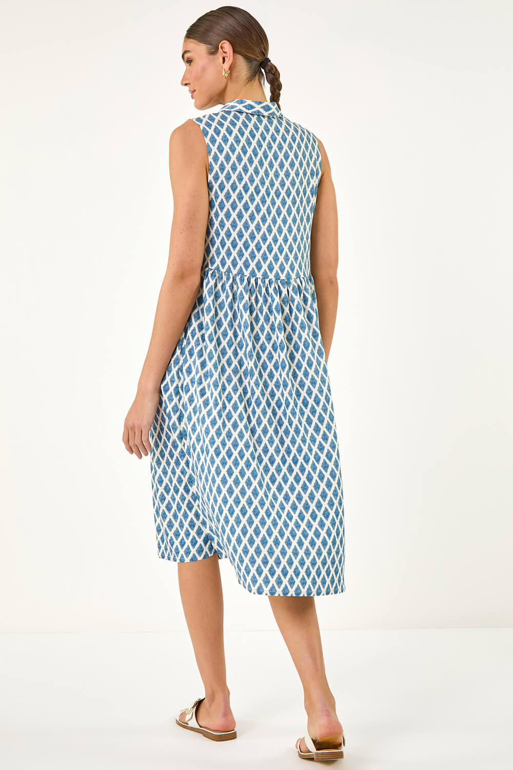 Blue Geometric Diamond Collared Swing Dress, Image 4 of 5
