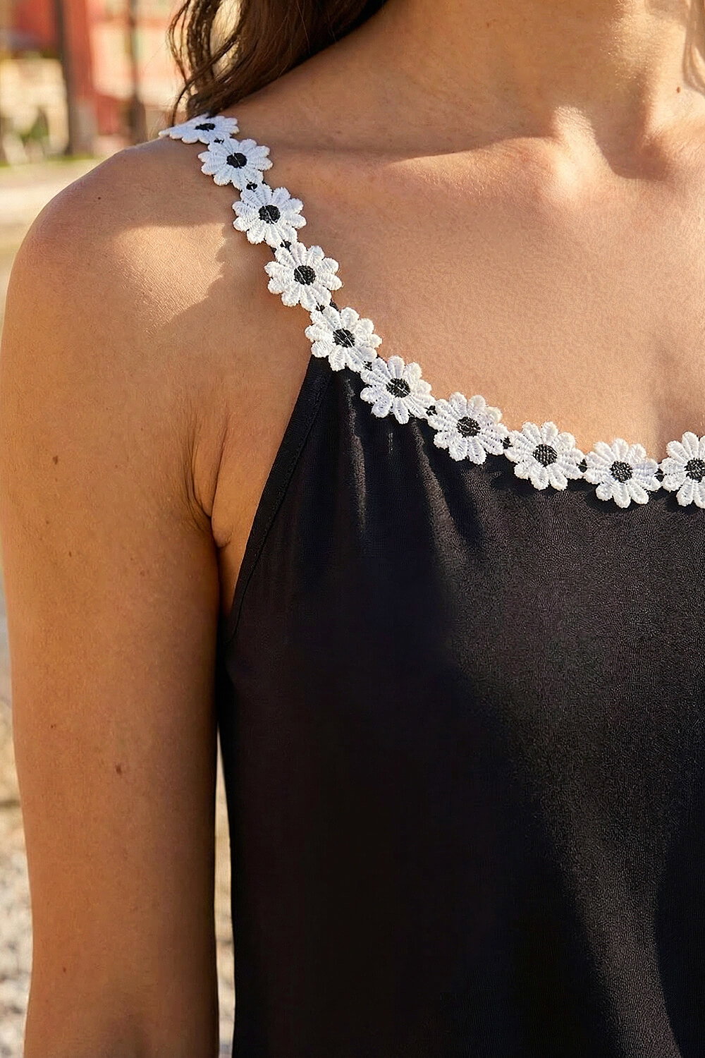 Black Daisy Trim Strappy Vest Top, Image 5 of 4
